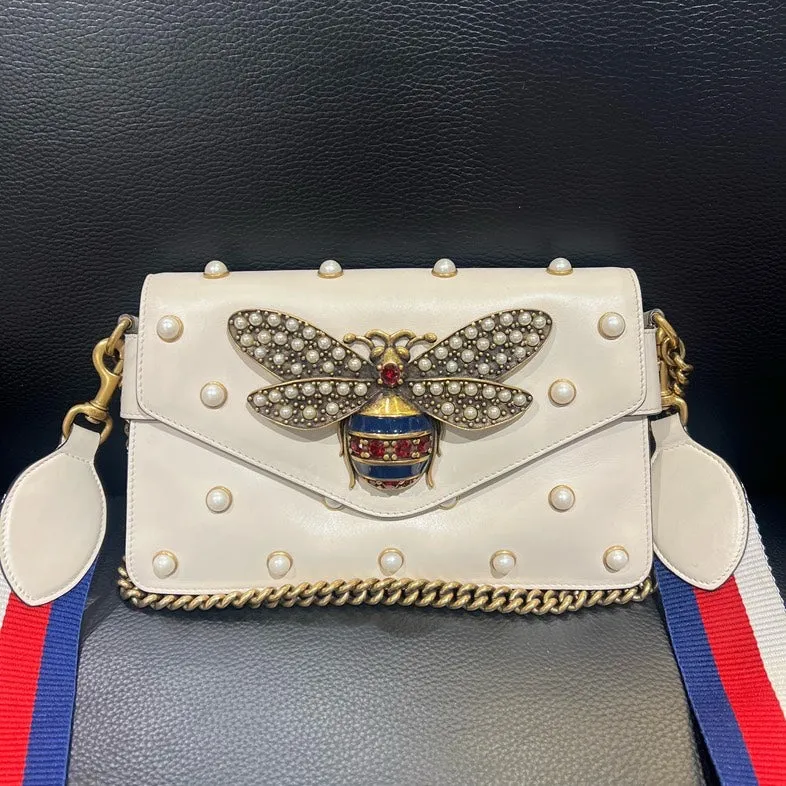 Gucci Broadway White Pearl Embellished Crossbody Bag