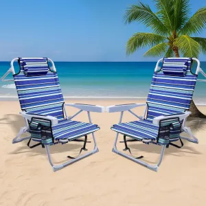 GVDV Backpack Beach Chairs for Adults 2 Pack, Portable Lay Flat Folding Chair with Cup Holder and Towel Bars, 4-Position Adjustable Reclining Chair for Beach, Camp, Outdoor