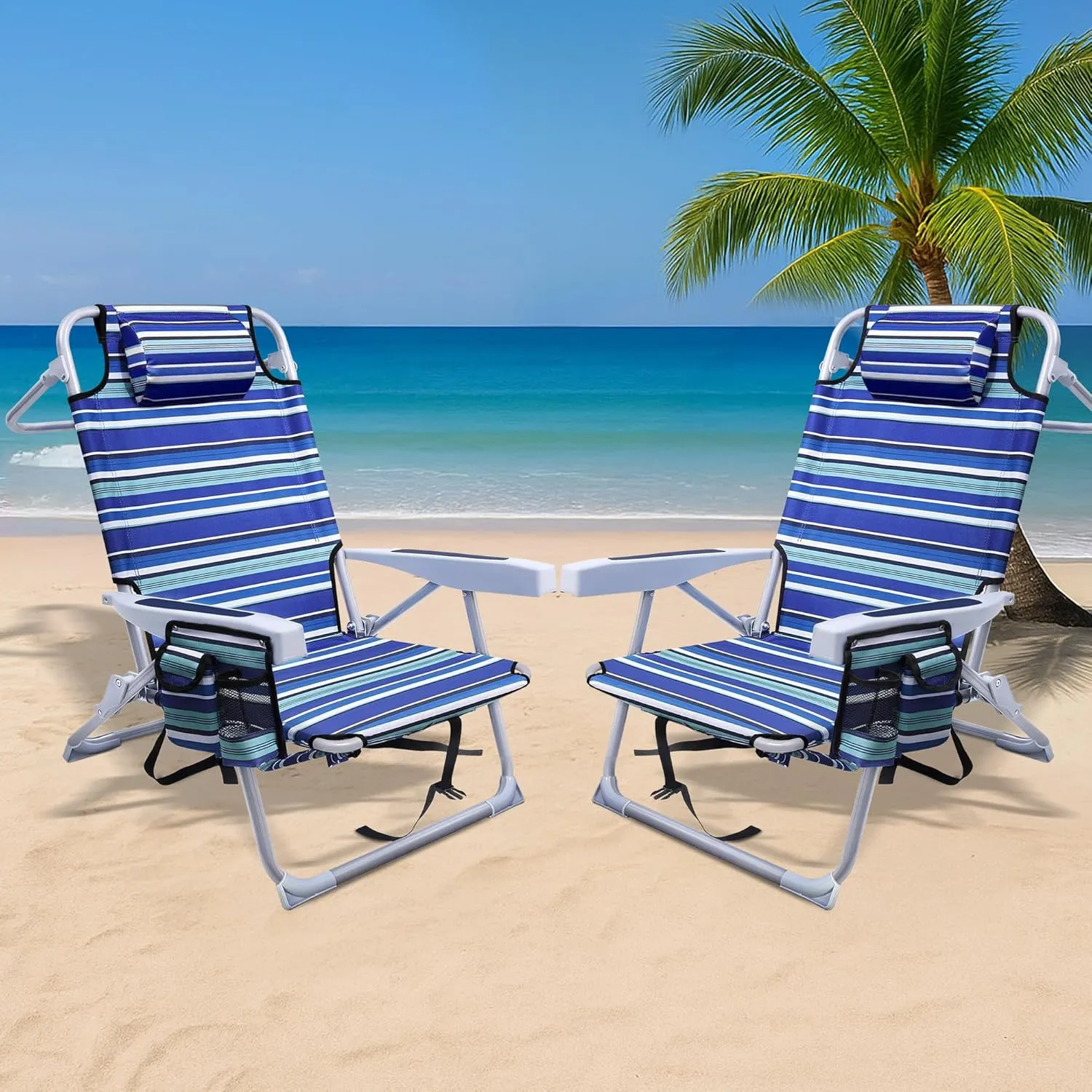 GVDV Backpack Beach Chairs for Adults 2 Pack, Portable Lay Flat Folding Chair with Cup Holder and Towel Bars, 4-Position Adjustable Reclining Chair for Beach, Camp, Outdoor