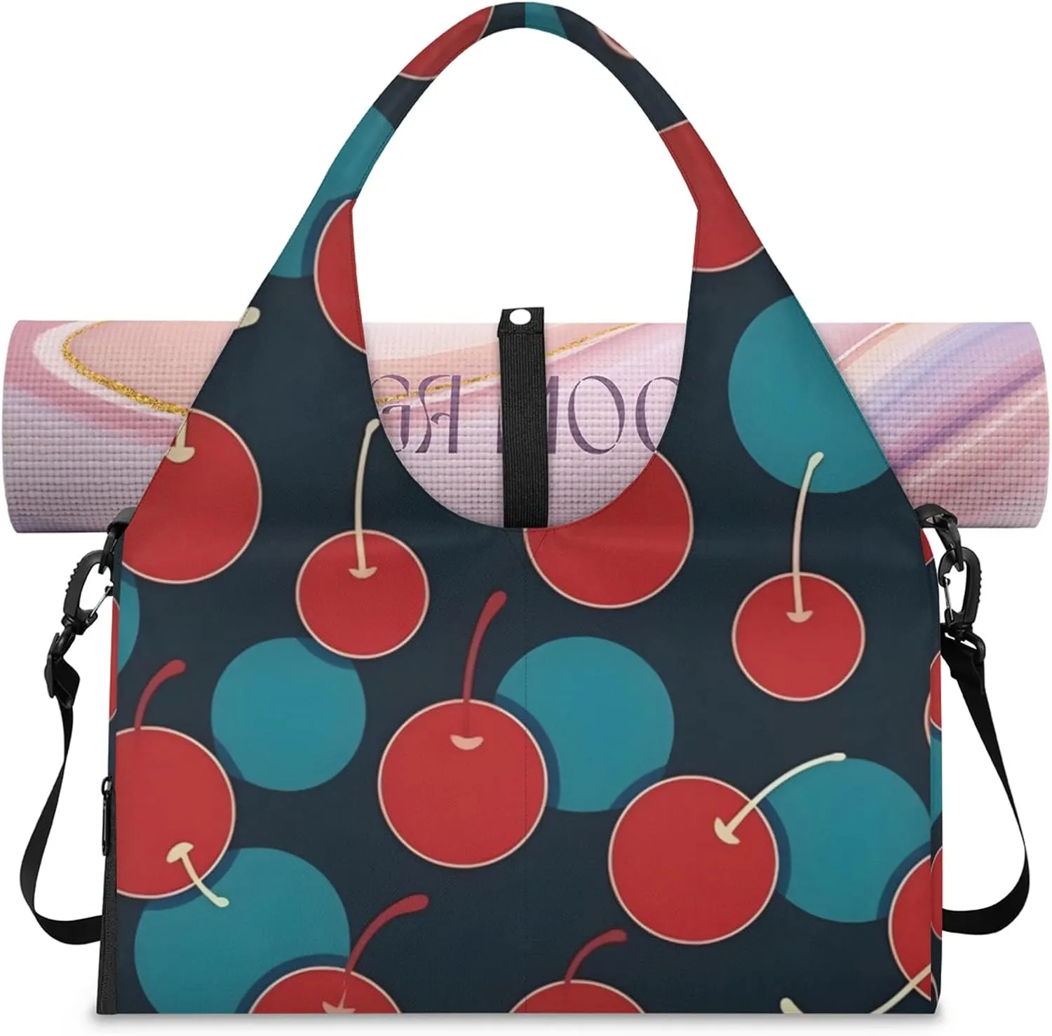 Gym Bag for Women Cherries Printed Duffel Bag with Shoe Compartment and Yoga Mat Holder Portable Weekender Bags Travel Tote Bags