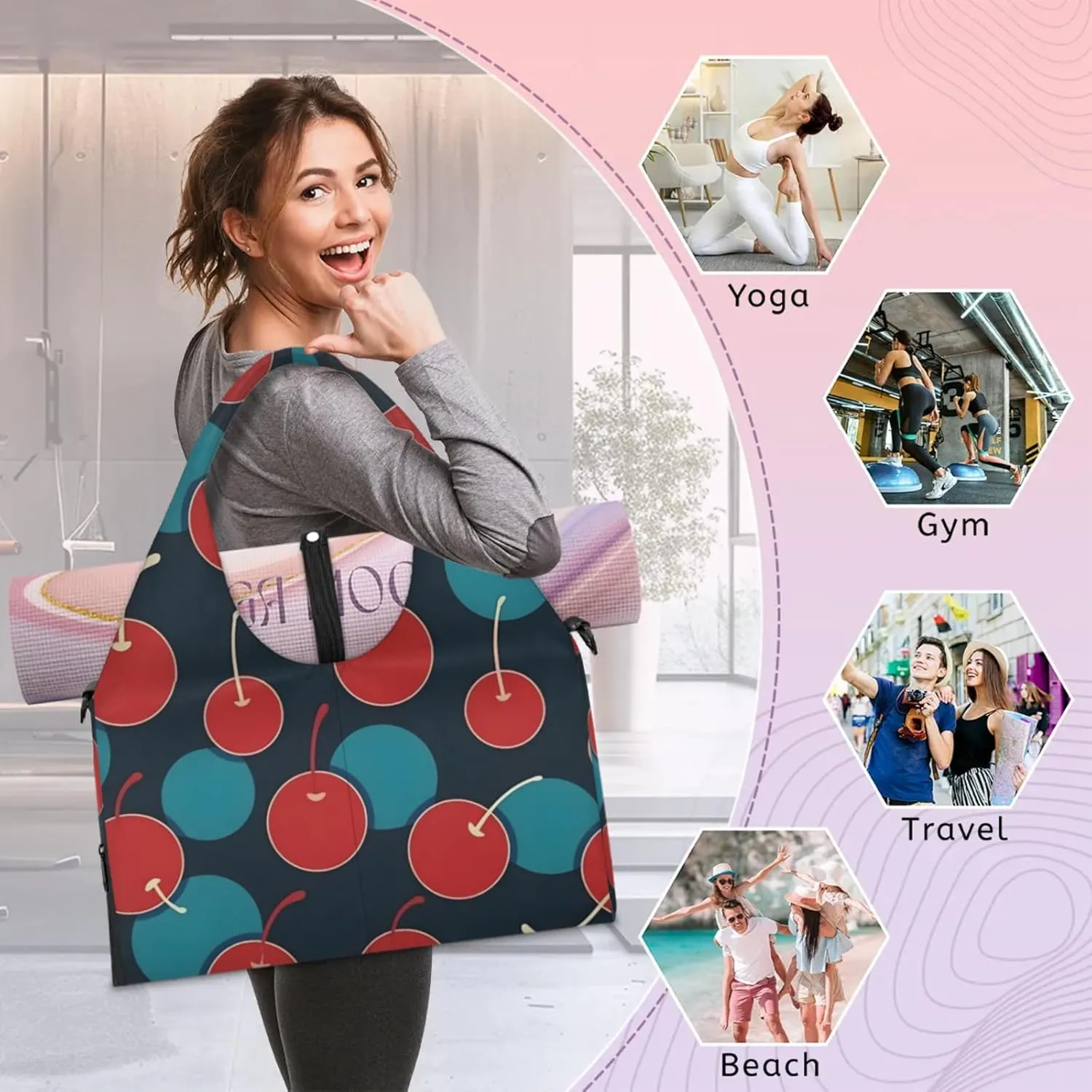 Gym Bag for Women Cherries Printed Duffel Bag with Shoe Compartment and Yoga Mat Holder Portable Weekender Bags Travel Tote Bags