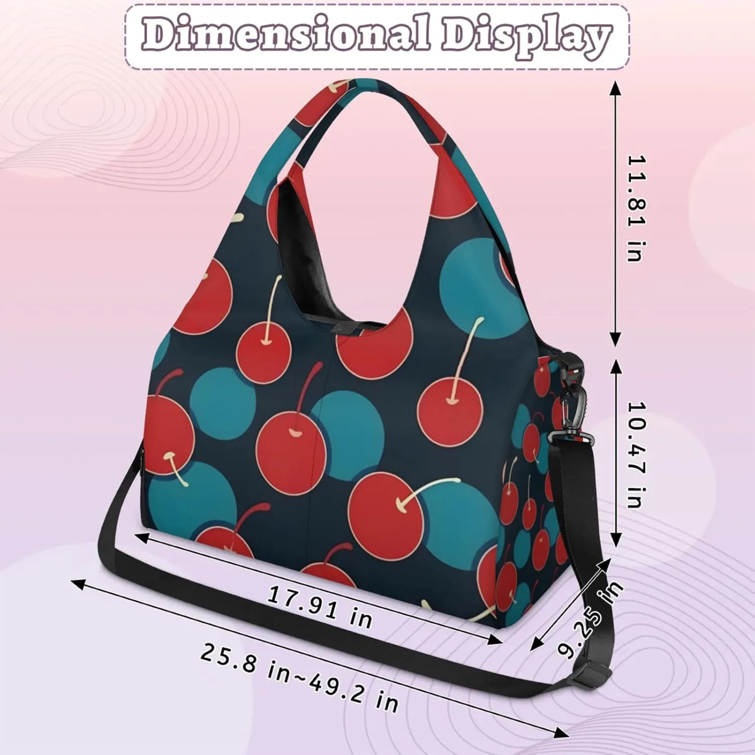 Gym Bag for Women Cherries Printed Duffel Bag with Shoe Compartment and Yoga Mat Holder Portable Weekender Bags Travel Tote Bags