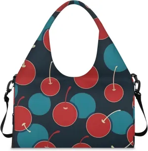 Gym Bag for Women Cherries Printed Duffel Bag with Shoe Compartment and Yoga Mat Holder Portable Weekender Bags Travel Tote Bags