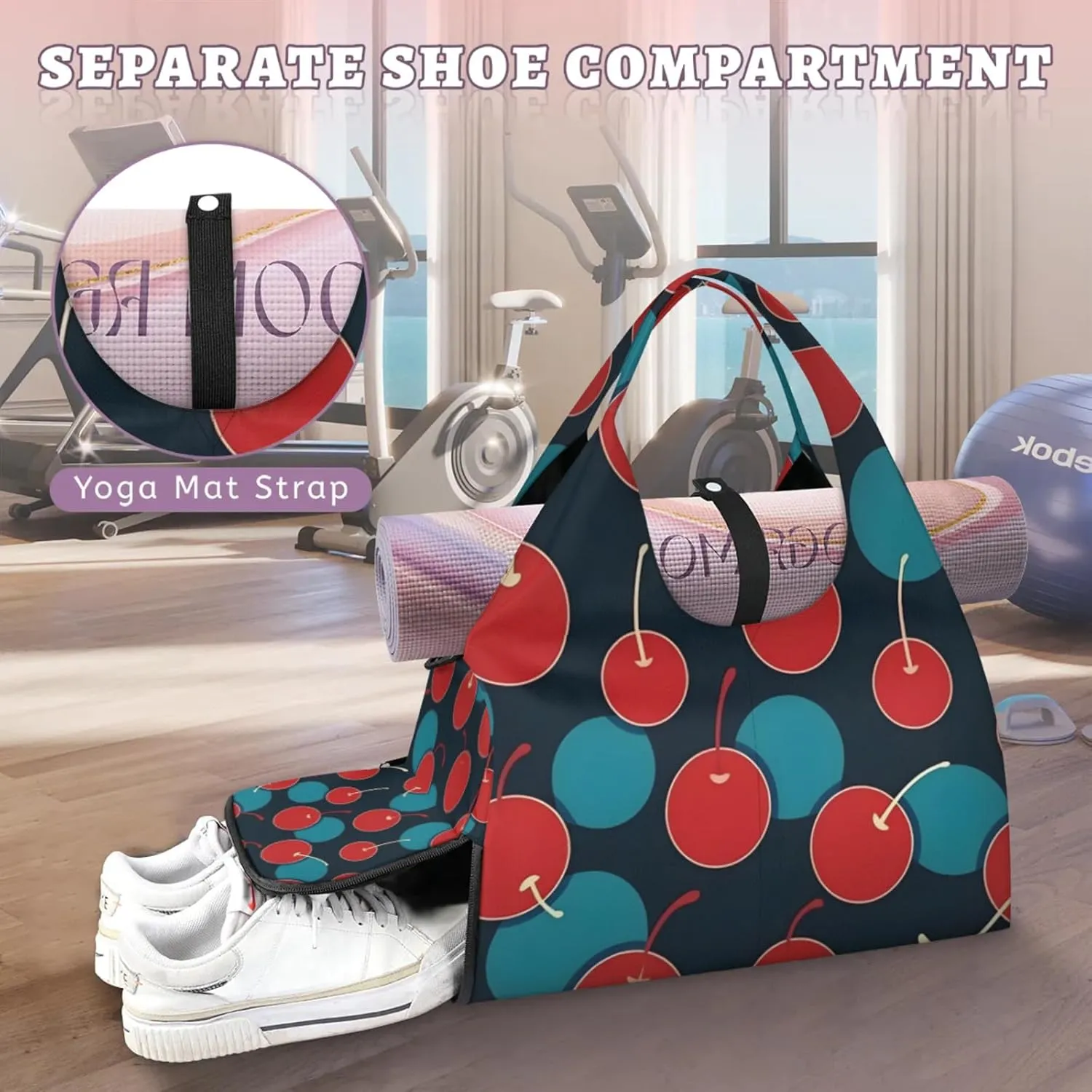 Gym Bag for Women Cherries Printed Duffel Bag with Shoe Compartment and Yoga Mat Holder Portable Weekender Bags Travel Tote Bags