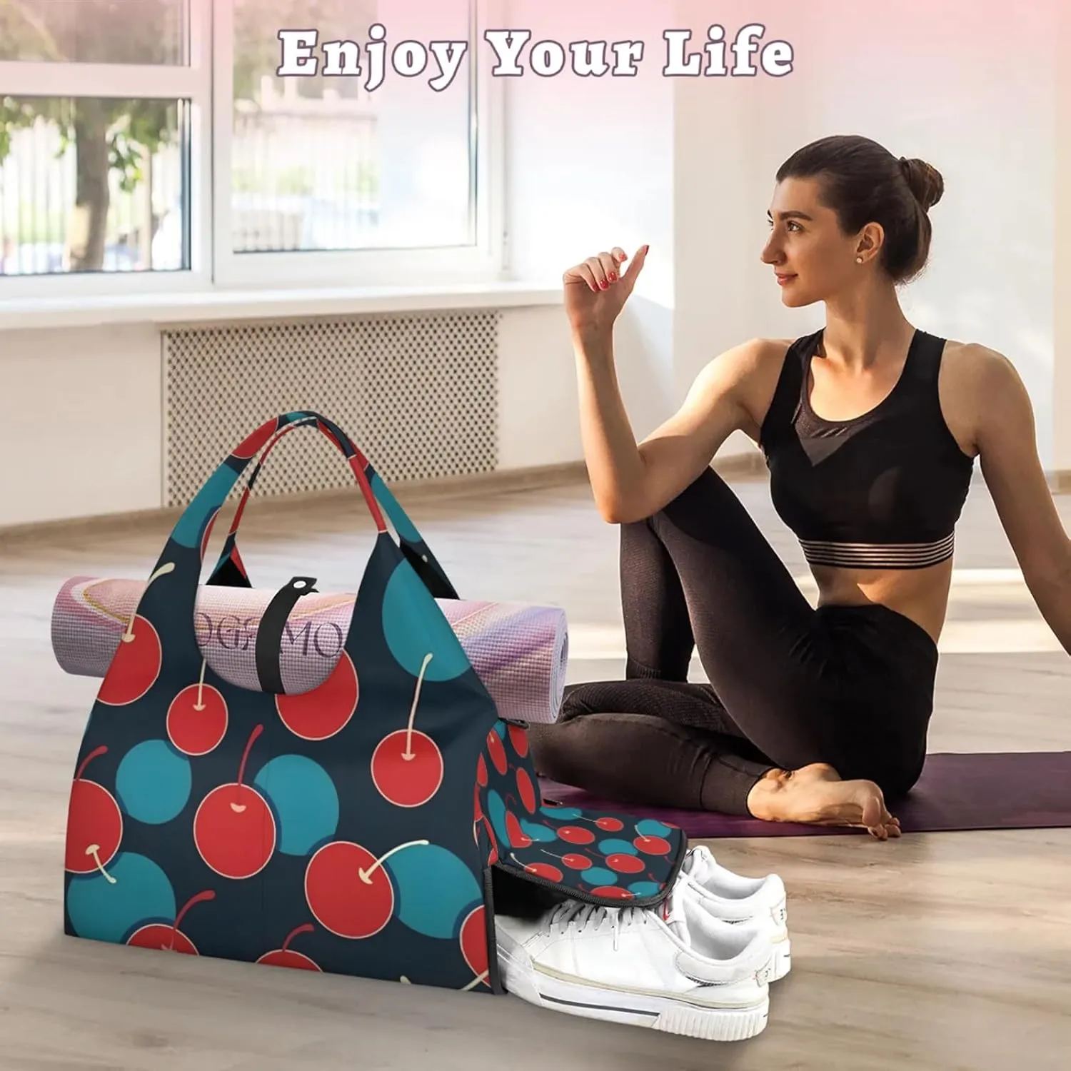 Gym Bag for Women Cherries Printed Duffel Bag with Shoe Compartment and Yoga Mat Holder Portable Weekender Bags Travel Tote Bags