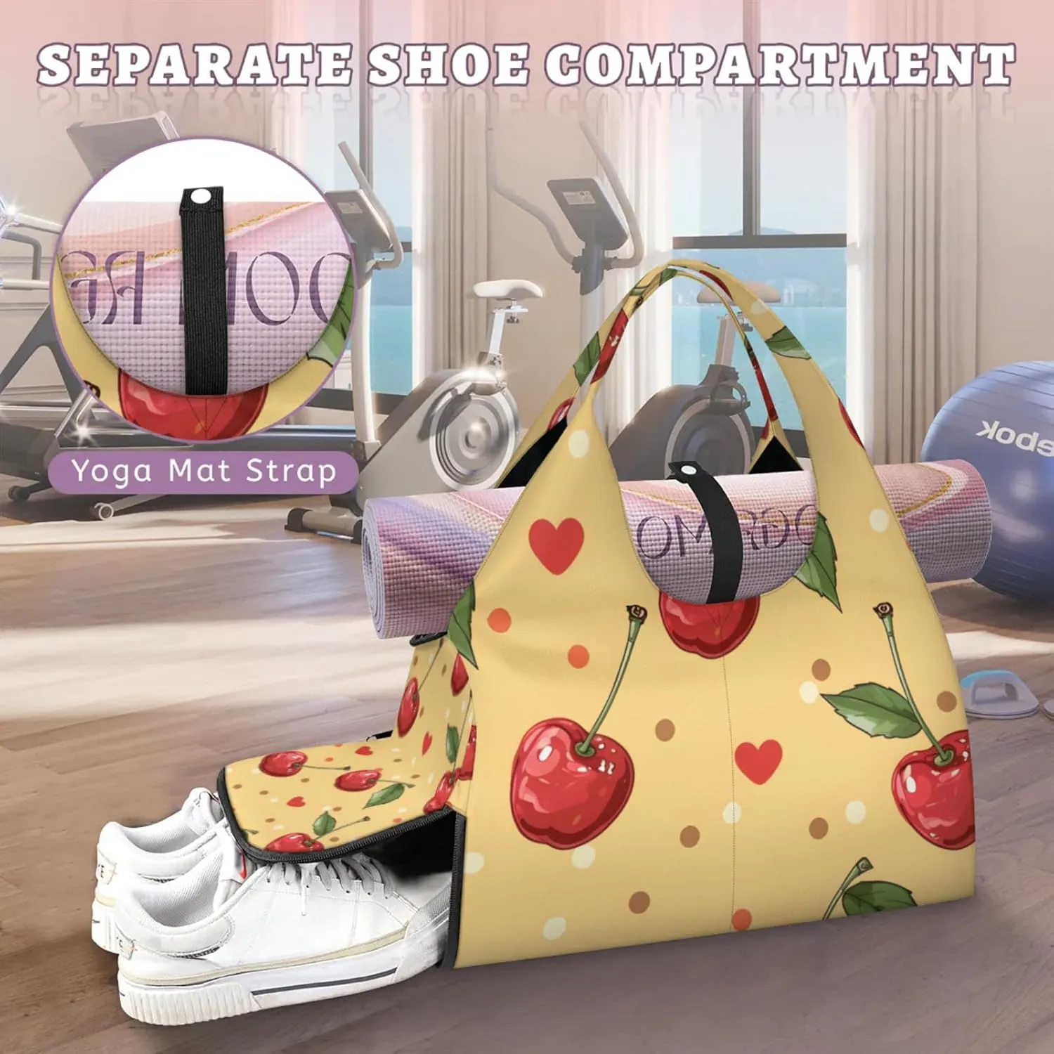 Gym Bag for Women Red Cherry Duffel Bag with Shoe Compartment and Yoga Mat Holder Portable Weekender Bags Travel Tote Bags