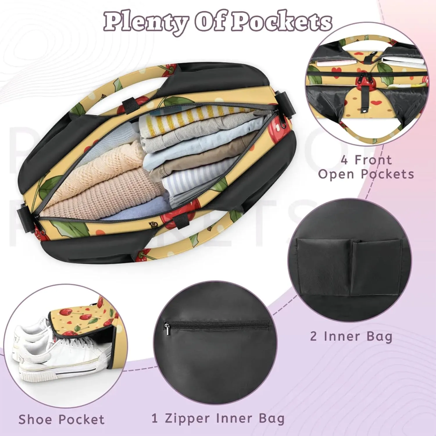 Gym Bag for Women Red Cherry Duffel Bag with Shoe Compartment and Yoga Mat Holder Portable Weekender Bags Travel Tote Bags