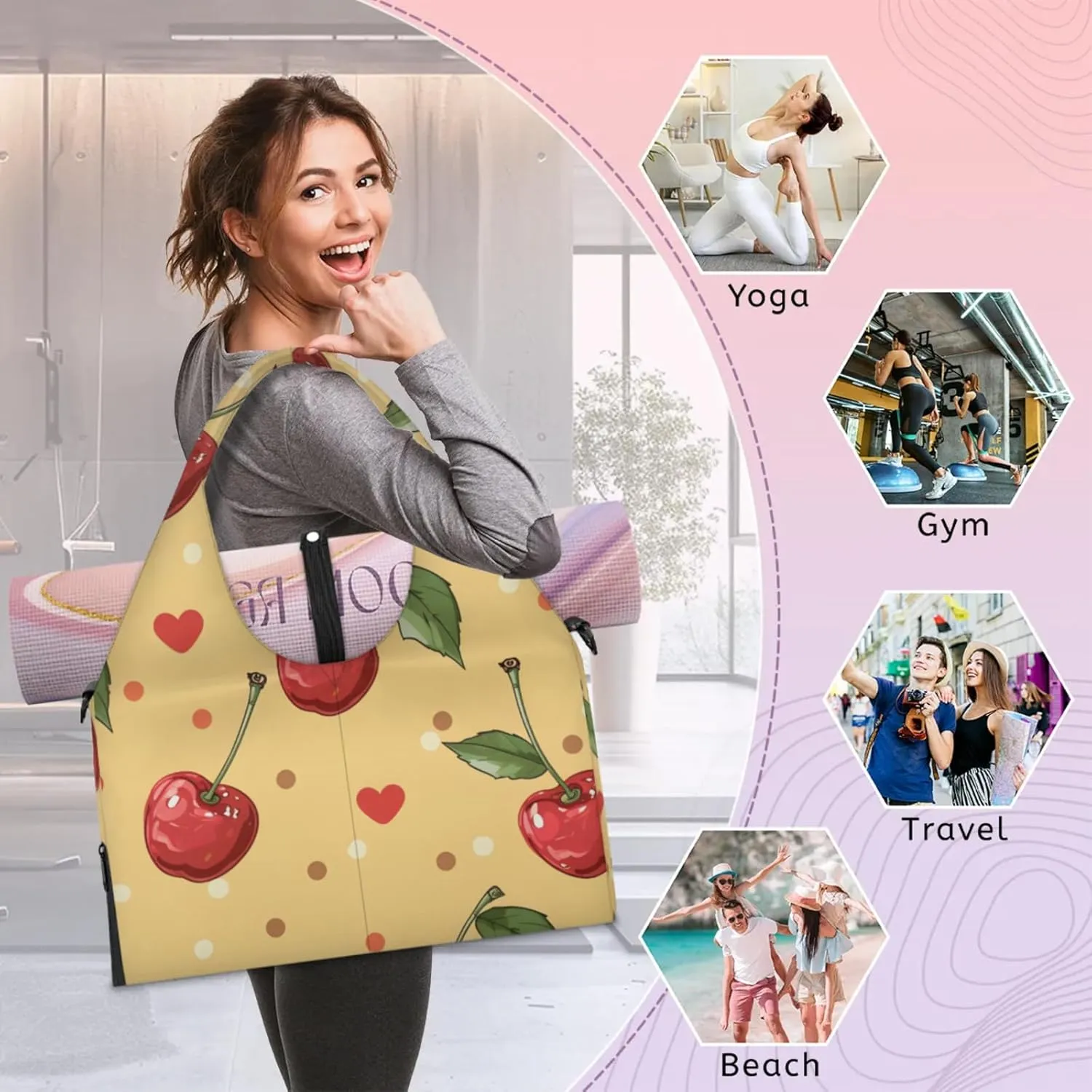 Gym Bag for Women Red Cherry Duffel Bag with Shoe Compartment and Yoga Mat Holder Portable Weekender Bags Travel Tote Bags