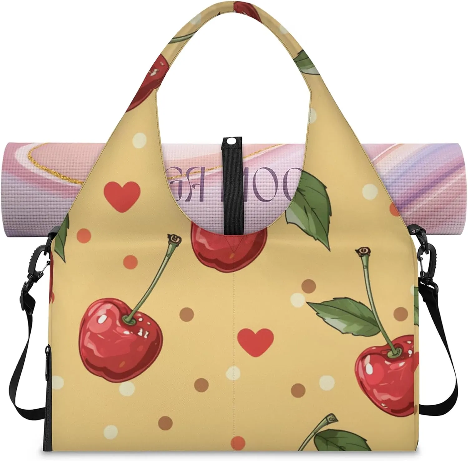 Gym Bag for Women Red Cherry Duffel Bag with Shoe Compartment and Yoga Mat Holder Portable Weekender Bags Travel Tote Bags
