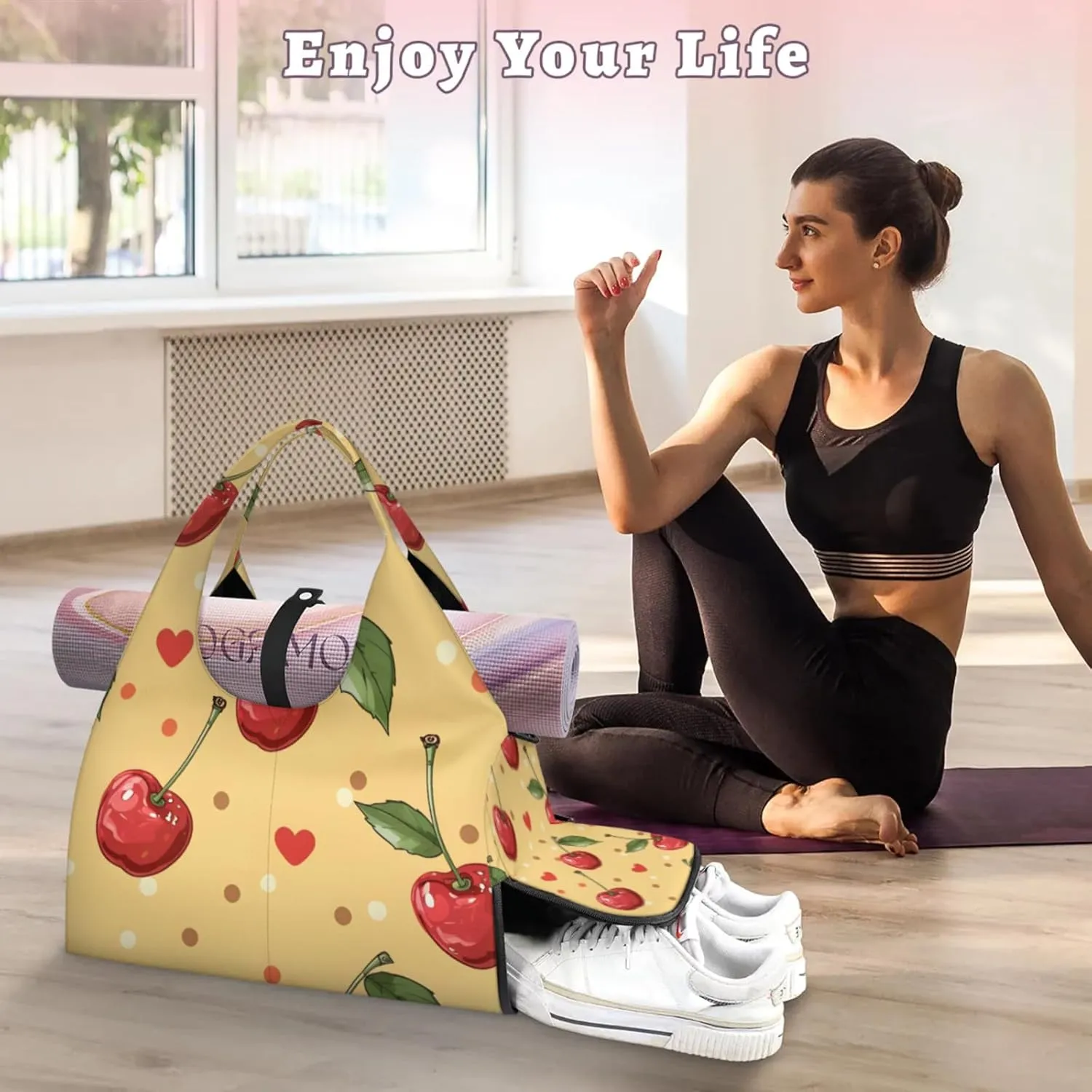 Gym Bag for Women Red Cherry Duffel Bag with Shoe Compartment and Yoga Mat Holder Portable Weekender Bags Travel Tote Bags