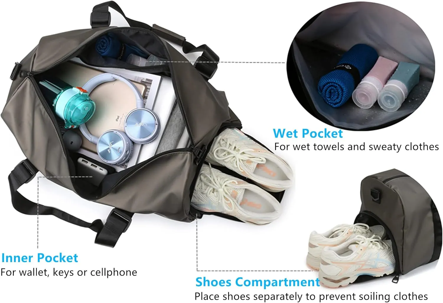 Gym Bag with Shoe Compartment, Travel Duffle Bag with Wet Pocket, Big Capacity Weekend Overnight Bag with Shoulder Strap Small Gym Bag for Men Travel Swimming Camping (Champagne)