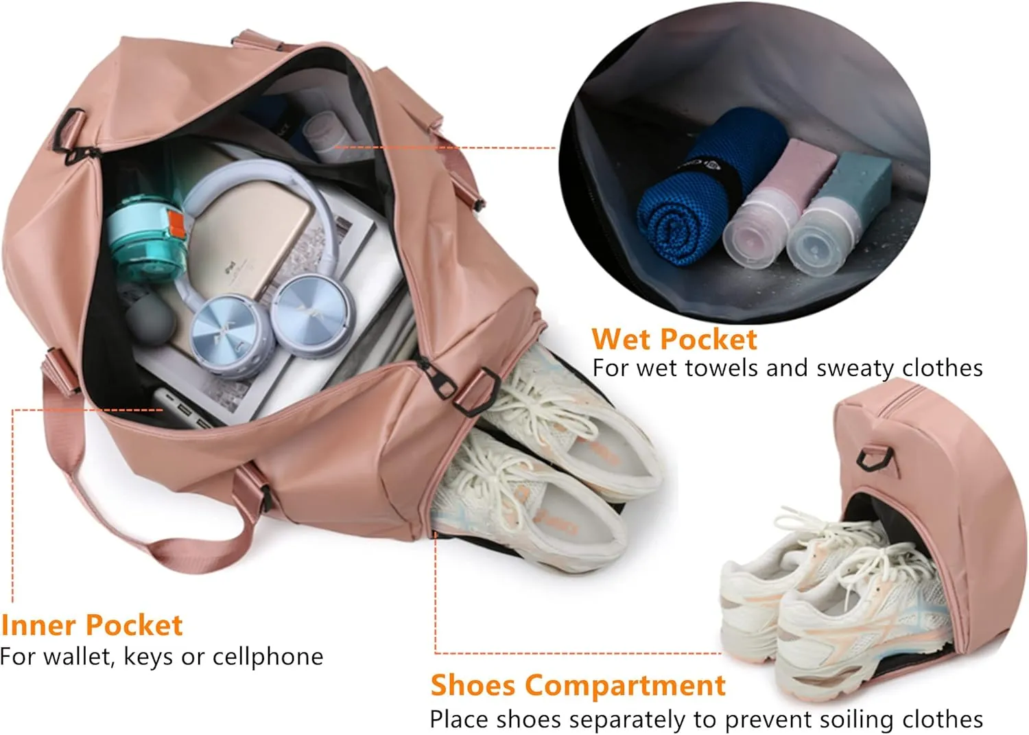 Gym Sport Bag Men Women, Travel Duffle Bag with Shoes Compartment and Wet Pocket, Big Capacity Weekend Overnight Bag with Shoulder Strap for Gym Sports Travel Swimming Camping (Pink)
