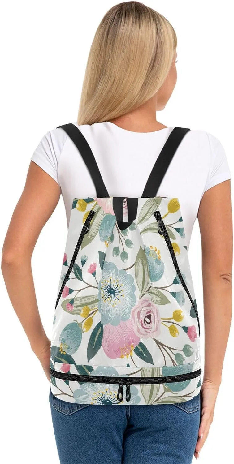 Gym Swimming Drawstring Bags Daypacks Backpack Purse Casual Knapsack Shoulder Bag Sitting Rucksack Seamless Floral Pattern with Spring Flowers Pink Turquoise Color