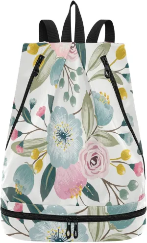Gym Swimming Drawstring Bags Daypacks Backpack Purse Casual Knapsack Shoulder Bag Sitting Rucksack Seamless Floral Pattern with Spring Flowers Pink Turquoise Color