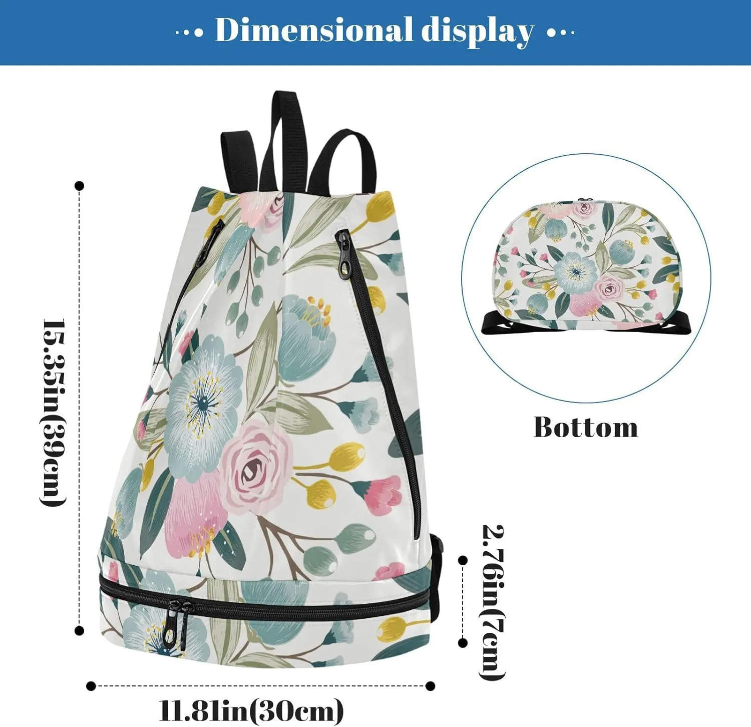 Gym Swimming Drawstring Bags Daypacks Backpack Purse Casual Knapsack Shoulder Bag Sitting Rucksack Seamless Floral Pattern with Spring Flowers Pink Turquoise Color