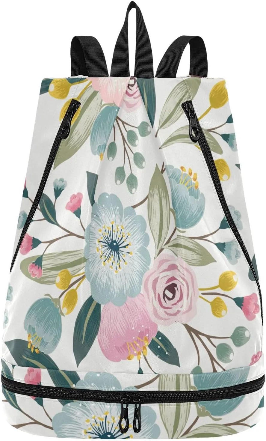 Gym Swimming Drawstring Bags Daypacks Backpack Purse Casual Knapsack Shoulder Bag Sitting Rucksack Seamless Floral Pattern with Spring Flowers Pink Turquoise Color