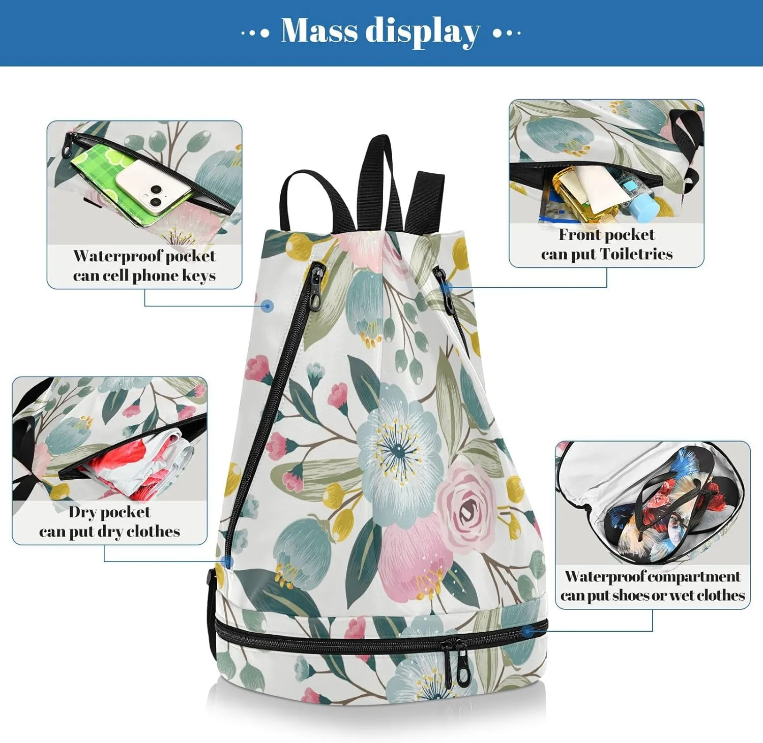 Gym Swimming Drawstring Bags Daypacks Backpack Purse Casual Knapsack Shoulder Bag Sitting Rucksack Seamless Floral Pattern with Spring Flowers Pink Turquoise Color