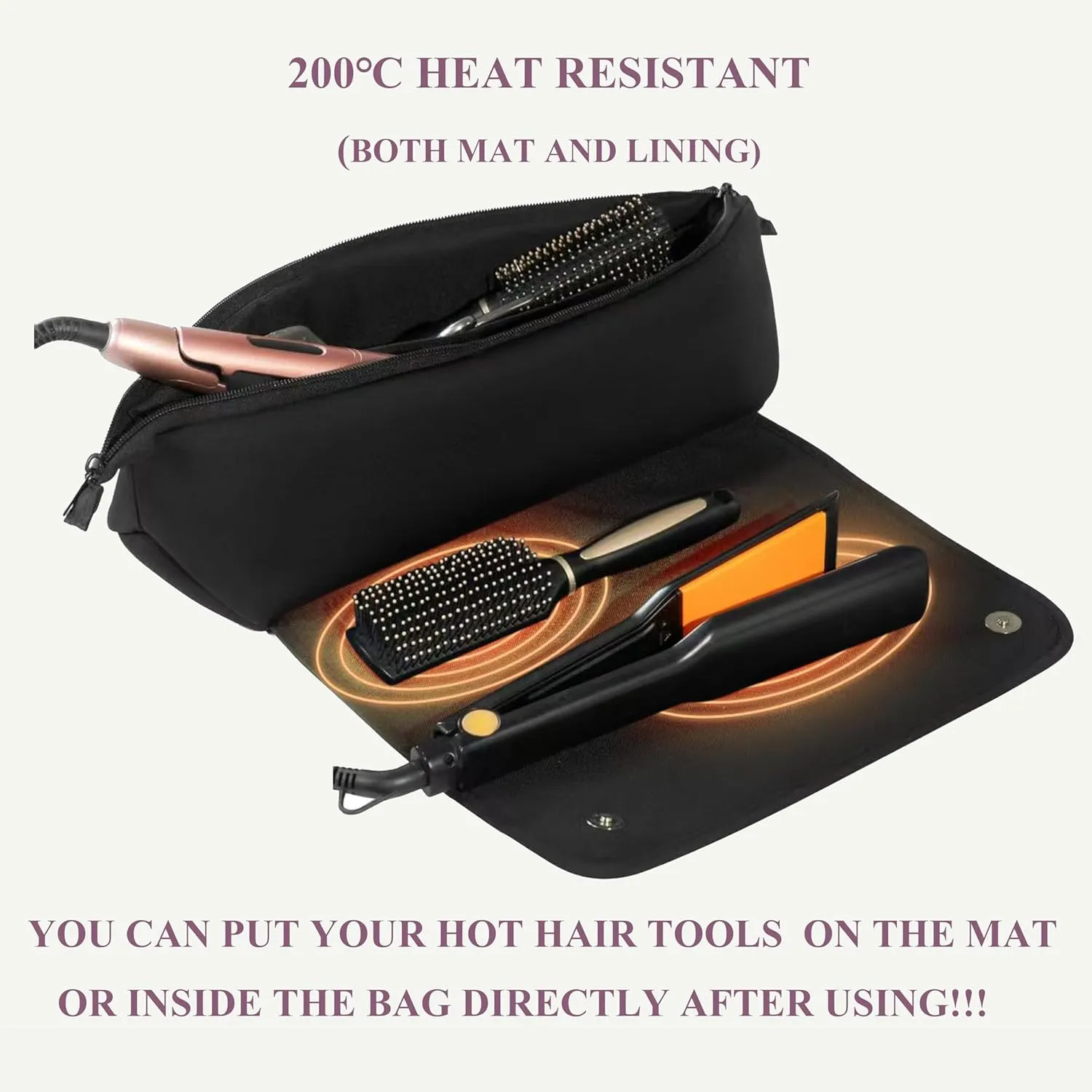 Hair Tools Travel Bag Heat Iron Bag with Heat Resistant Mat for Curling Iron, Hairdressing Straighteners, Hair Dryers Large Capacity 2 in 1 Design Neoprene Bags with Inside Pocket (Black)