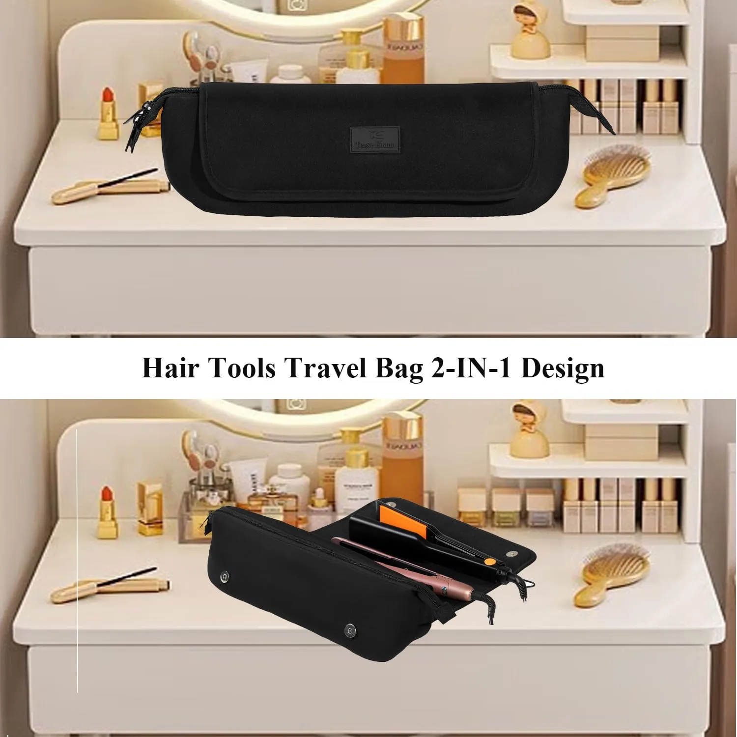 Hair Tools Travel Bag Heat Iron Bag with Heat Resistant Mat for Curling Iron, Hairdressing Straighteners, Hair Dryers Large Capacity 2 in 1 Design Neoprene Bags with Inside Pocket (Black)