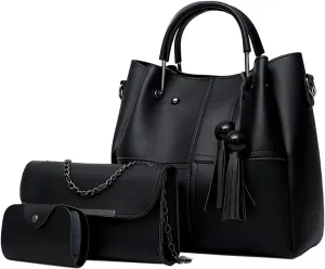 Handbags and Purses for Women Tote Bags Tassle Shoulder Bag Top Handle Satchel Purse Set 3pcs (Black)