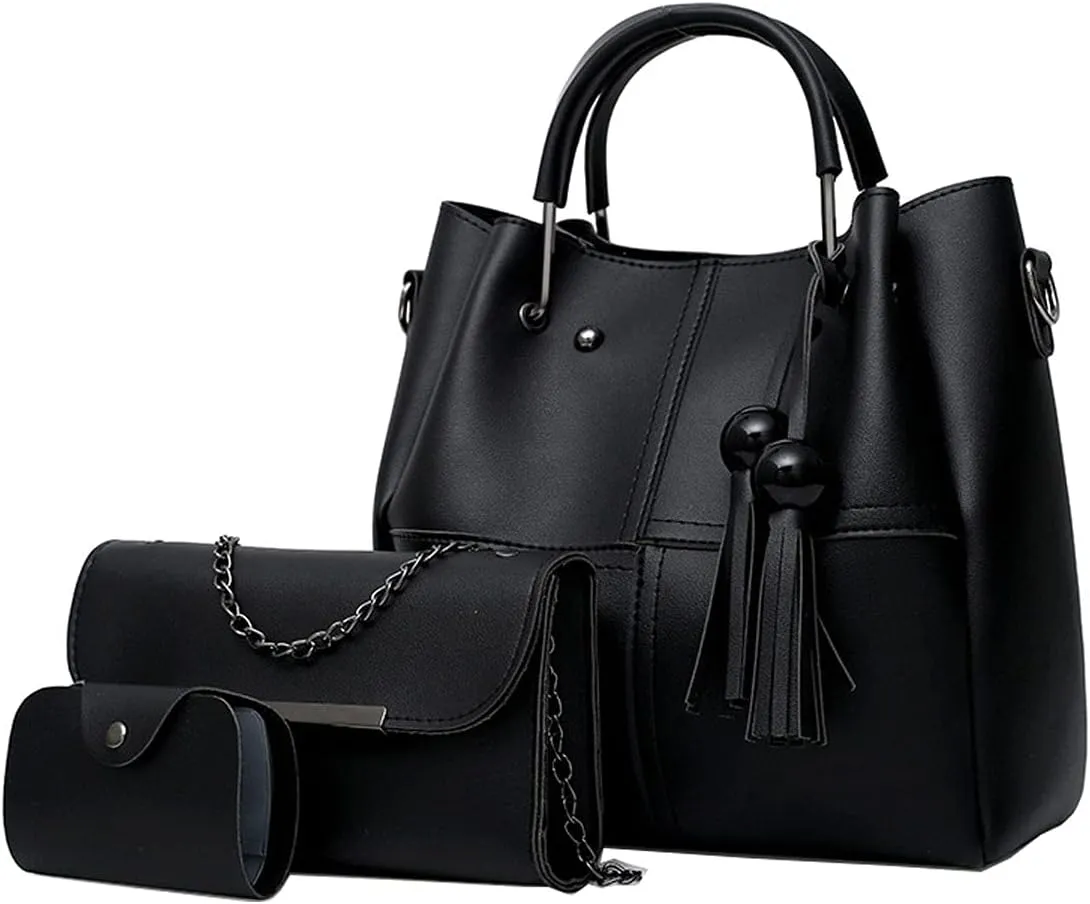 Handbags and Purses for Women Tote Bags Tassle Shoulder Bag Top Handle Satchel Purse Set 3pcs (Black)
