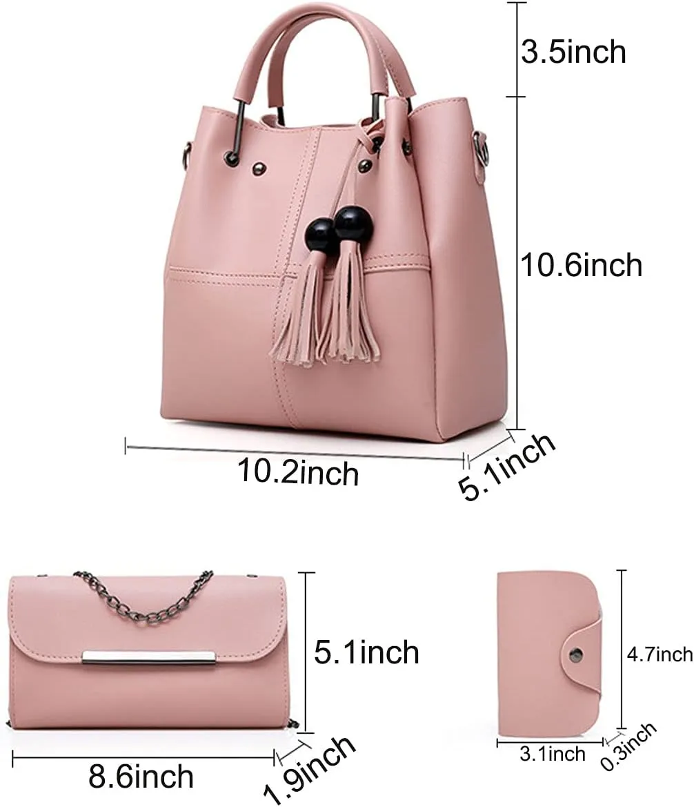 Handbags and Purses for Women Tote Bags Tassle Shoulder Bag Top Handle Satchel Purse Set 3pcs (Black)