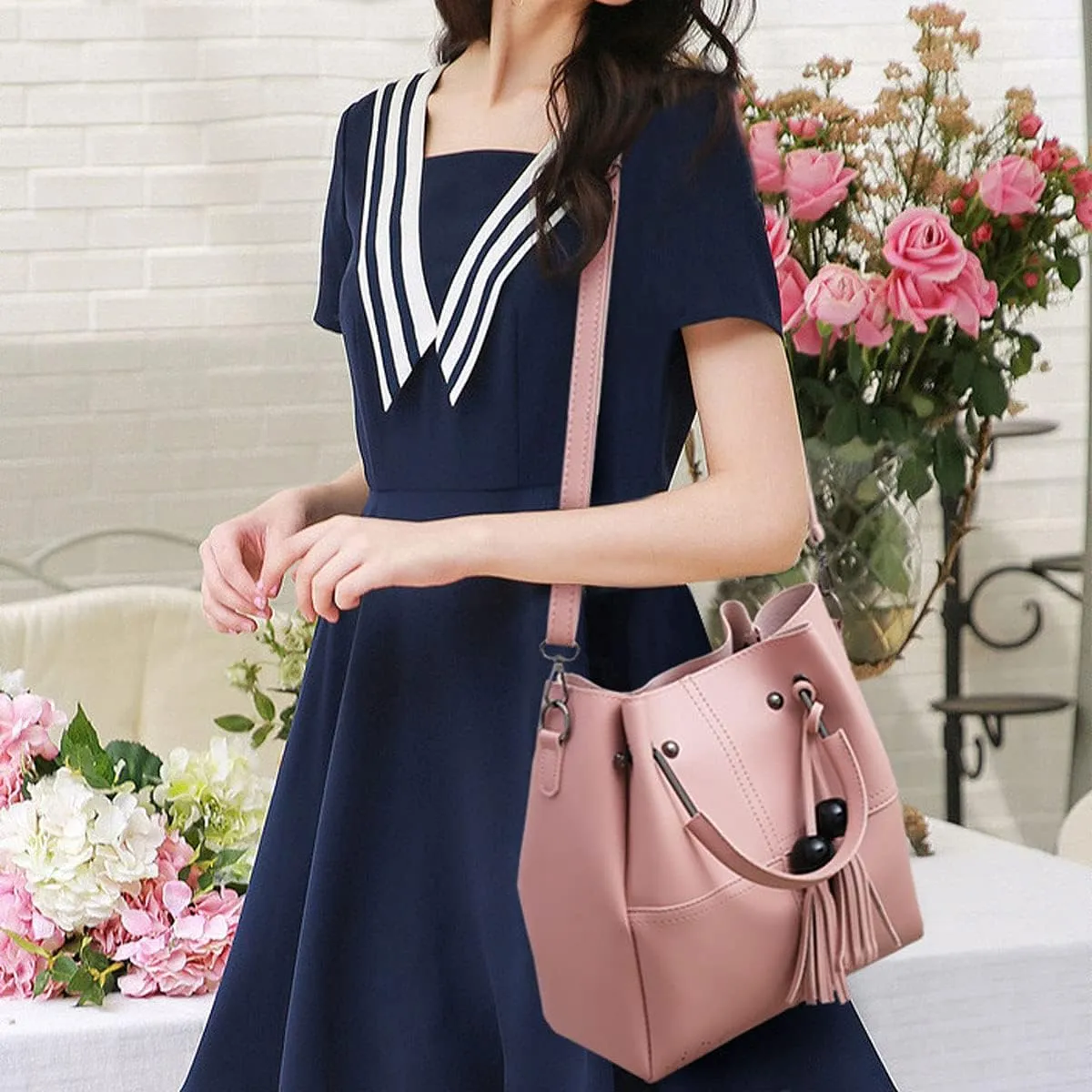 Handbags and Purses for Women Tote Bags Tassle Shoulder Bag Top Handle Satchel Purse Set 3pcs (Black)