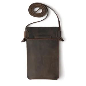 Handmade Crossbody Phone Case with Fixed Strap, Genuine Leather Customizable Small Phone Bag Purse, Dark Brown