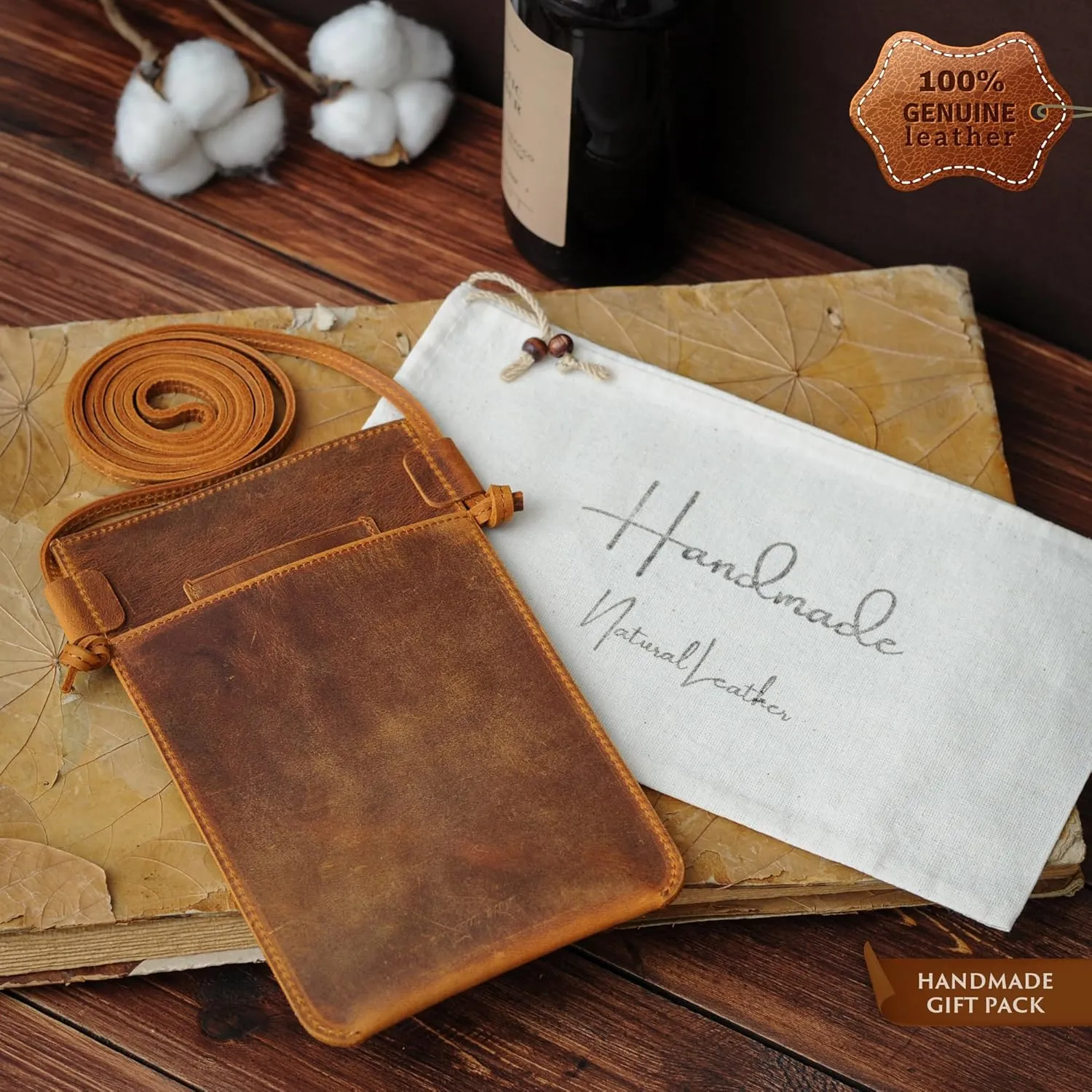 Handmade Crossbody Phone Case with Fixed Strap, Genuine Leather Customizable Small Phone Bag Purse, Dark Brown