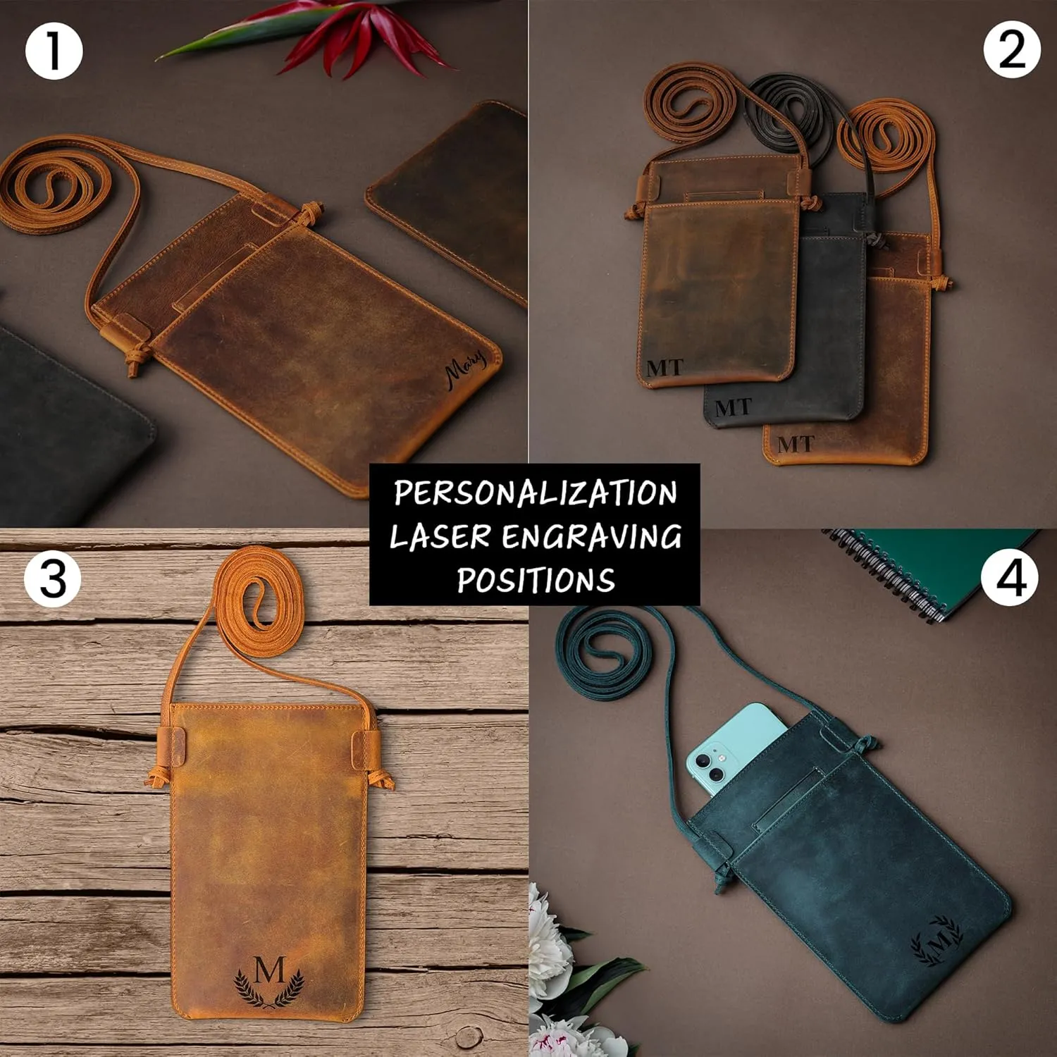 Handmade Crossbody Phone Case with Fixed Strap, Genuine Leather Customizable Small Phone Bag Purse, Dark Brown