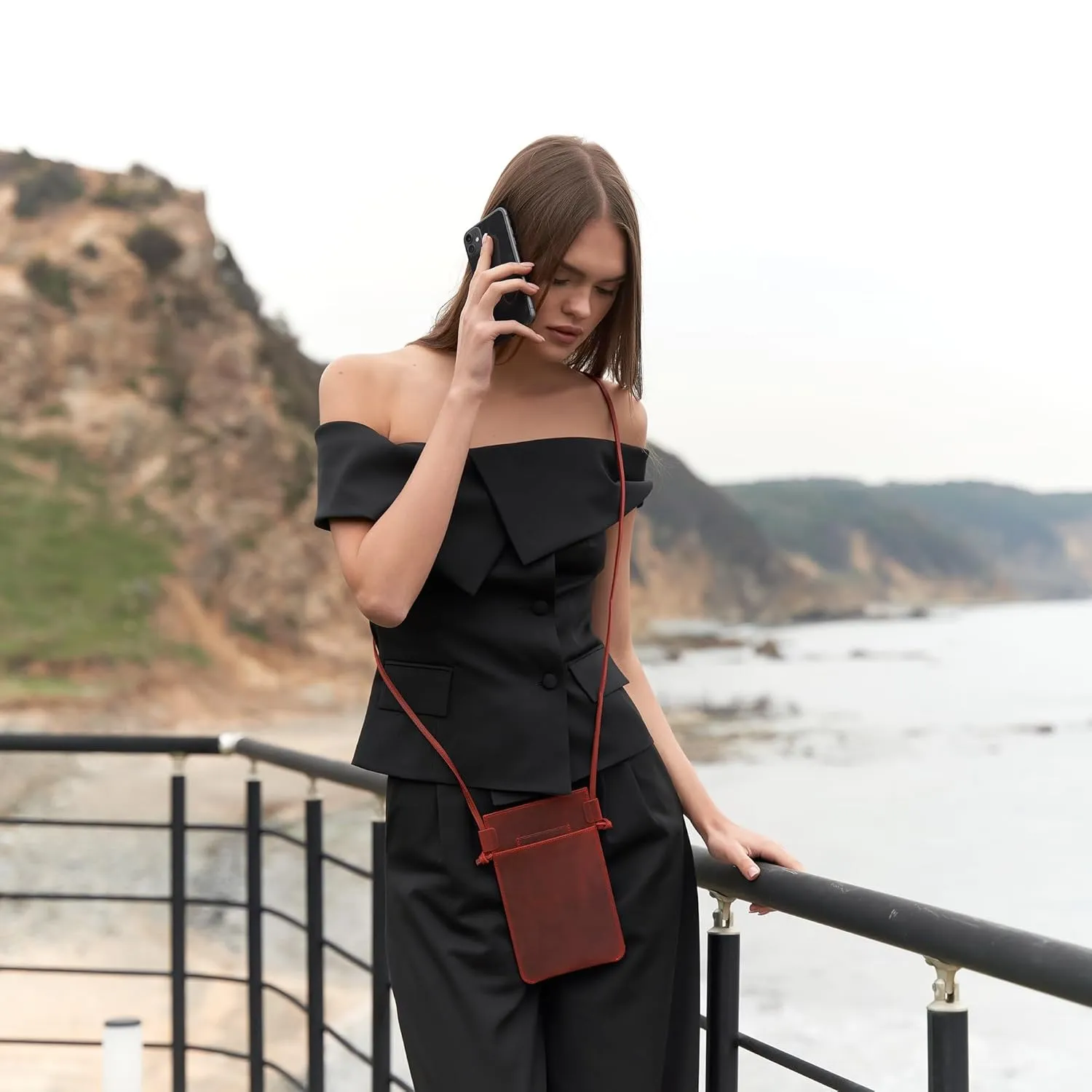 Handmade Crossbody Phone Case with Fixed Strap, Genuine Leather Customizable Small Phone Bag Purse, Dark Brown