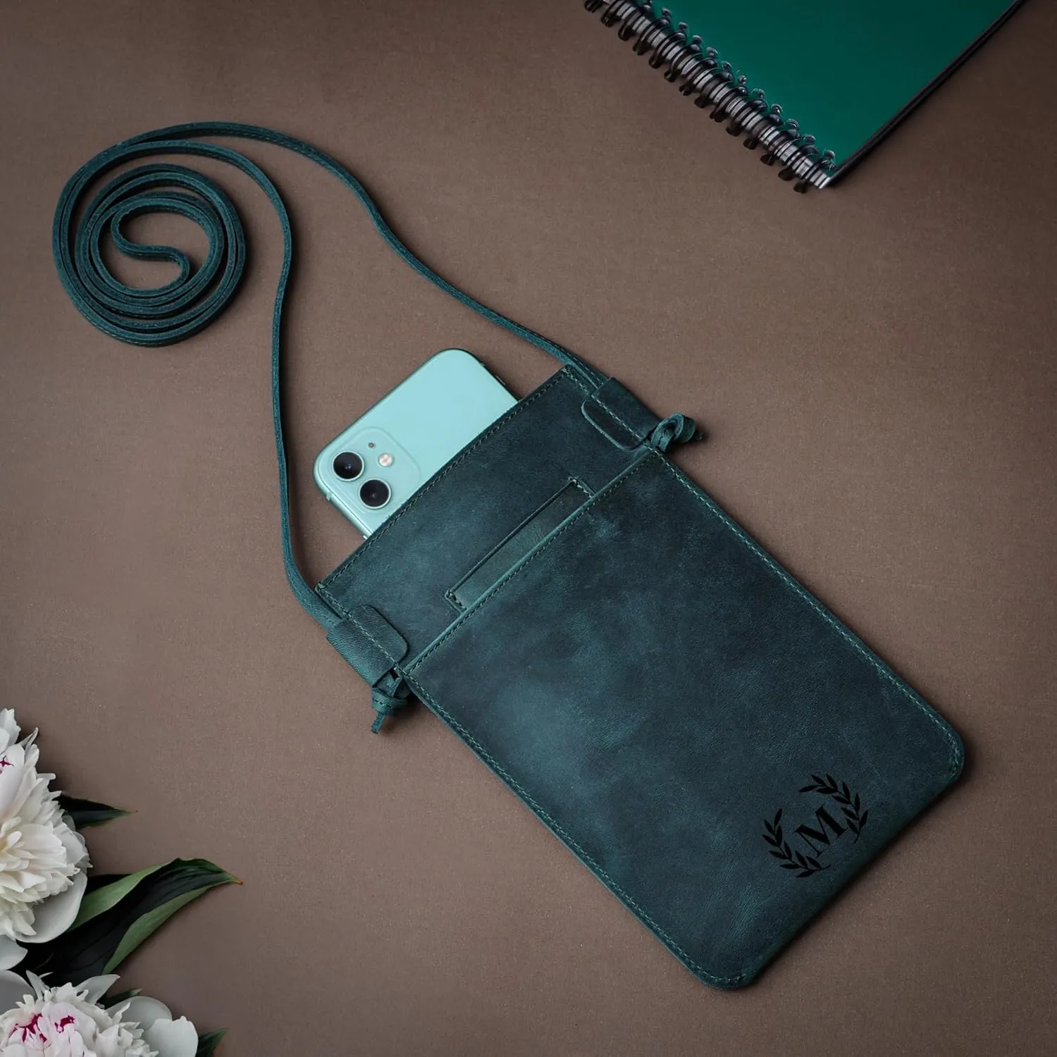 Handmade Crossbody Phone Case with Fixed Strap, Genuine Leather Customizable Small Phone Bag Purse, Dark Brown