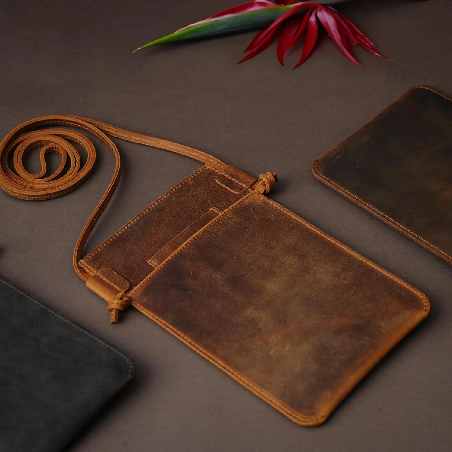 Handmade Crossbody Phone Case with Fixed Strap, Genuine Leather Customizable Small Phone Bag Purse, Dark Brown
