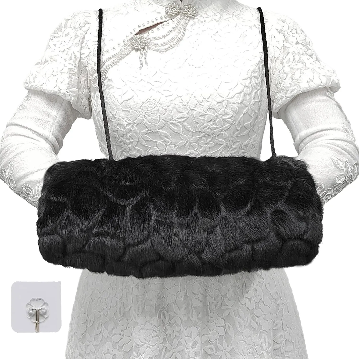 Handmuff Faux Fur Hand Muff Black Hand Warmer with Strap Pocket for Women 1pcs, with Transparent Hook 1pcs