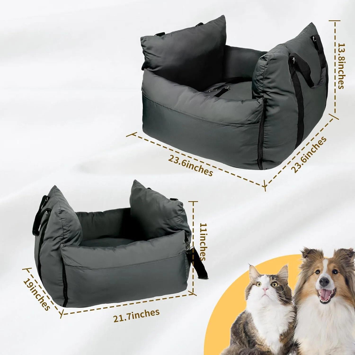 HappyTails Pet Car Seat for Dogs and Cats, Waterproof Booster Car Seat with Clip-On Safety Leash, Pet Traveling Carrier Bed with Storage Bags, Grey, Medium