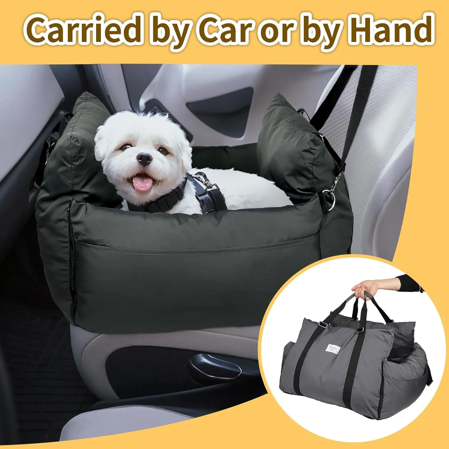 HappyTails Pet Car Seat for Dogs and Cats, Waterproof Booster Car Seat with Clip-On Safety Leash, Pet Traveling Carrier Bed with Storage Bags, Grey, Medium