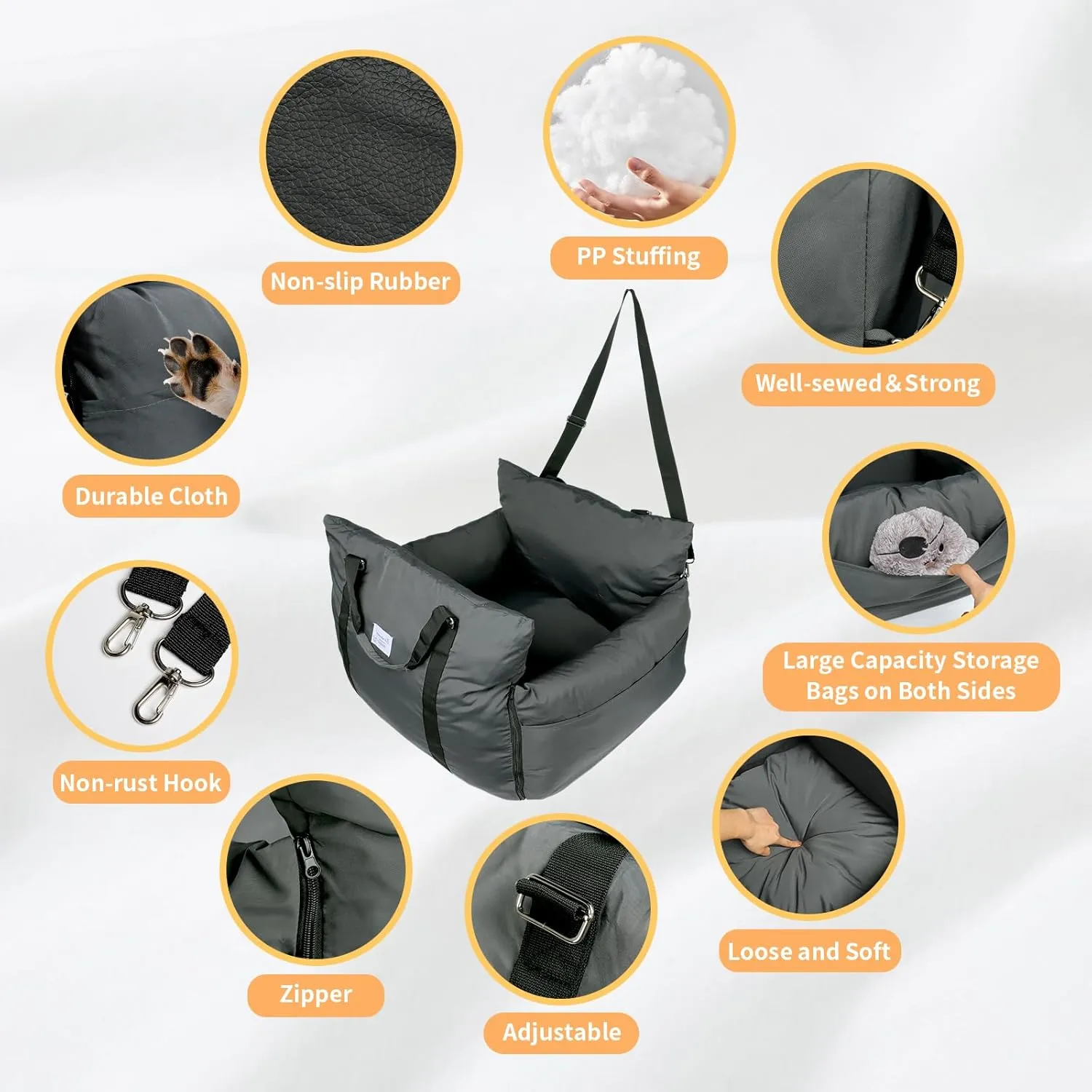 HappyTails Pet Car Seat for Dogs and Cats, Waterproof Booster Car Seat with Clip-On Safety Leash, Pet Traveling Carrier Bed with Storage Bags, Grey, Medium