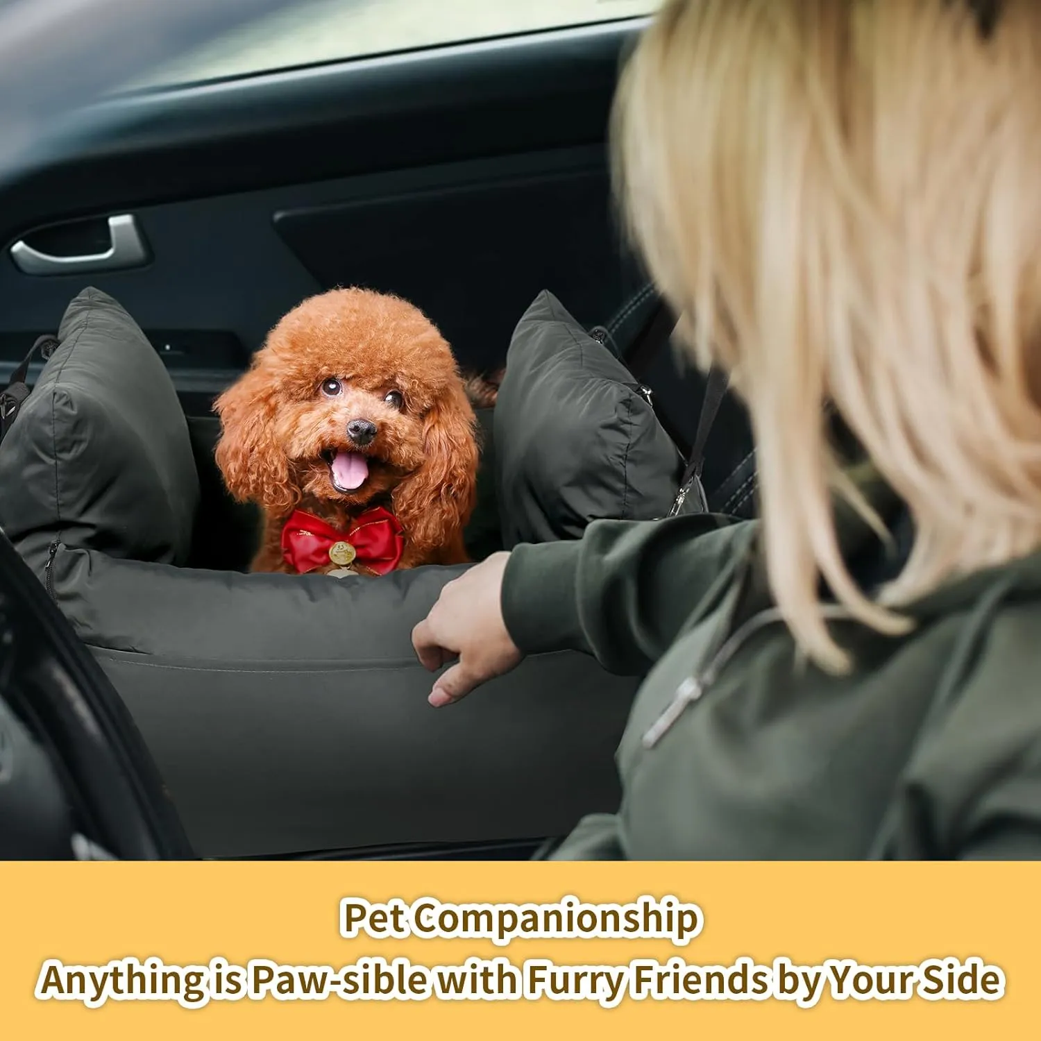 HappyTails Pet Car Seat for Dogs and Cats, Waterproof Booster Car Seat with Clip-On Safety Leash, Pet Traveling Carrier Bed with Storage Bags, Grey, Medium