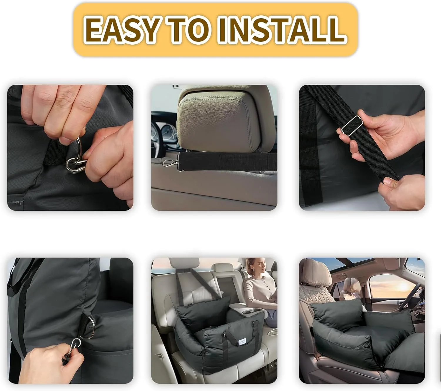 HappyTails Pet Car Seat for Dogs and Cats, Waterproof Booster Car Seat with Clip-On Safety Leash, Pet Traveling Carrier Bed with Storage Bags, Grey, Medium