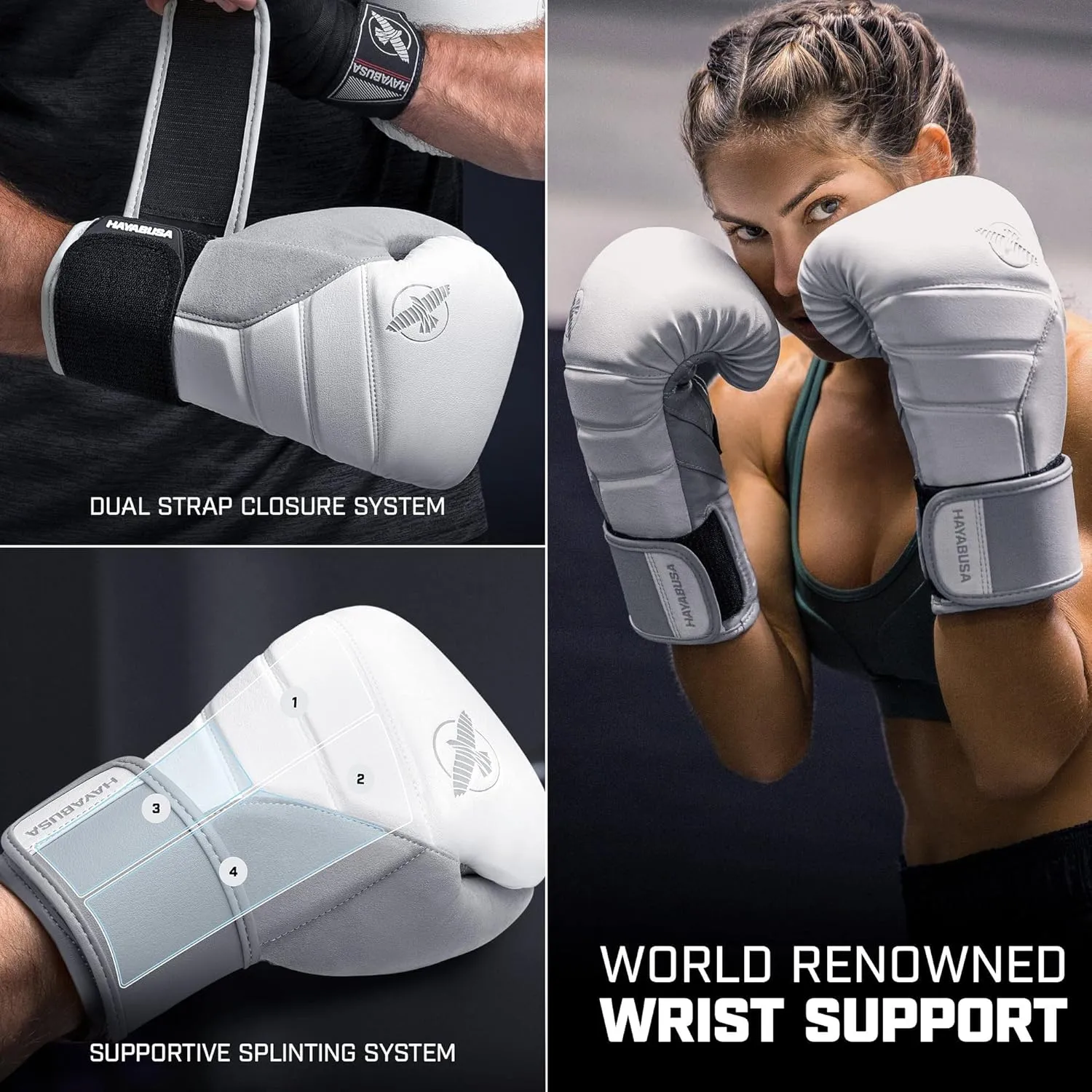 Hayabusa T3 Boxing Gloves for Men and Women Wrist and Knuckle Protection, Dual-X Hook and Loop Closure, Splinted Wrist Support, 5 Layer Foam Knuckle Padding