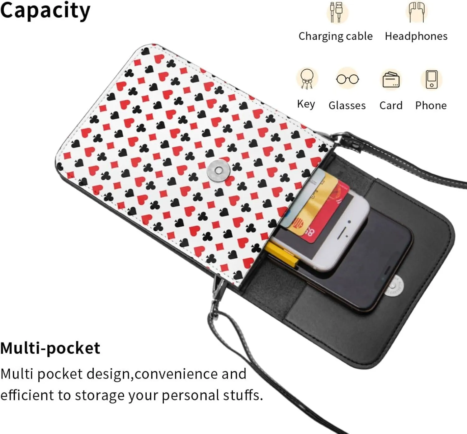 Hearts Spades Poker Casino Cell Phone Purse Small Crossbody Bags For Women Men Wallet Purses With Adjustable Strap