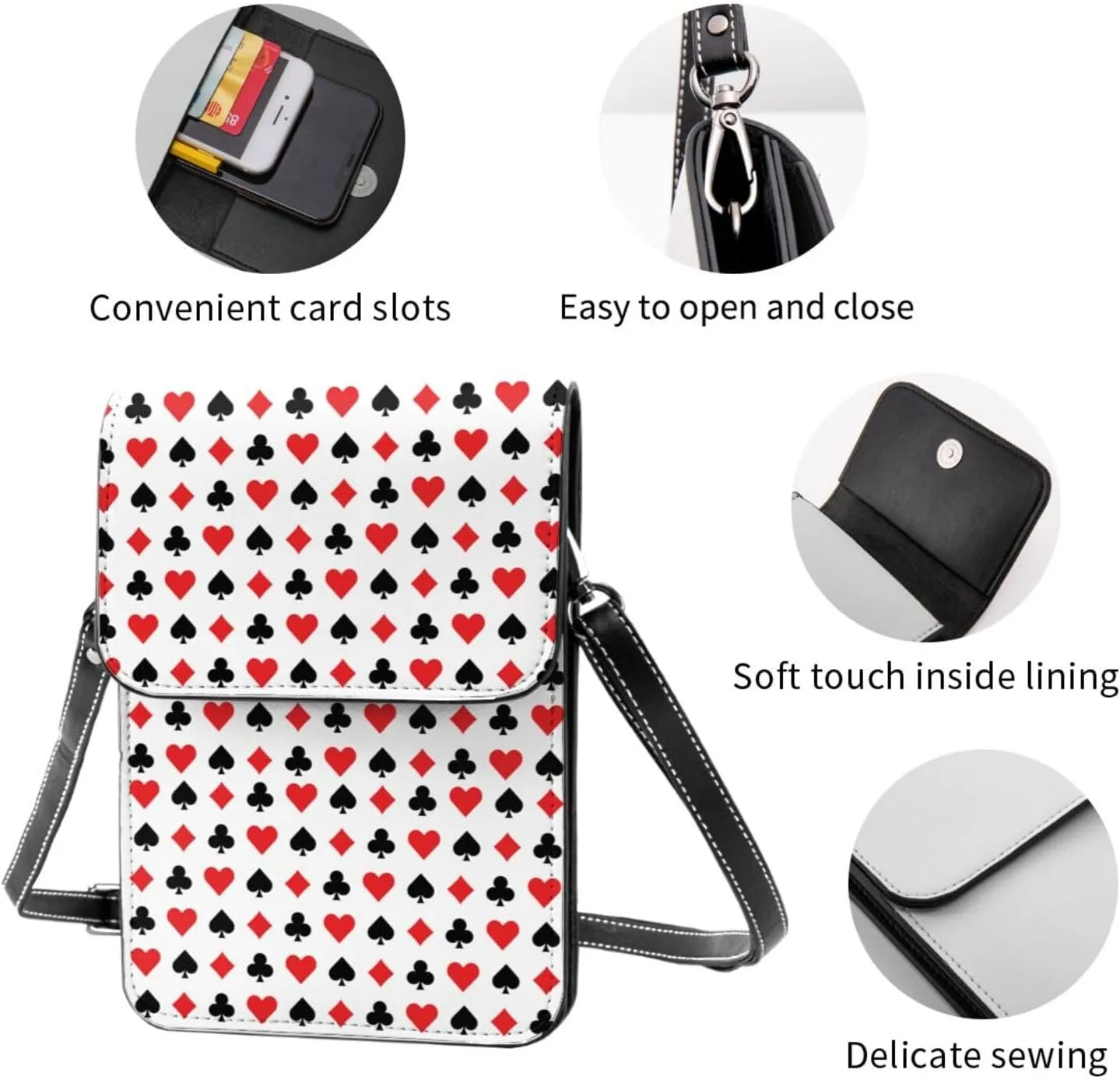 Hearts Spades Poker Casino Cell Phone Purse Small Crossbody Bags For Women Men Wallet Purses With Adjustable Strap