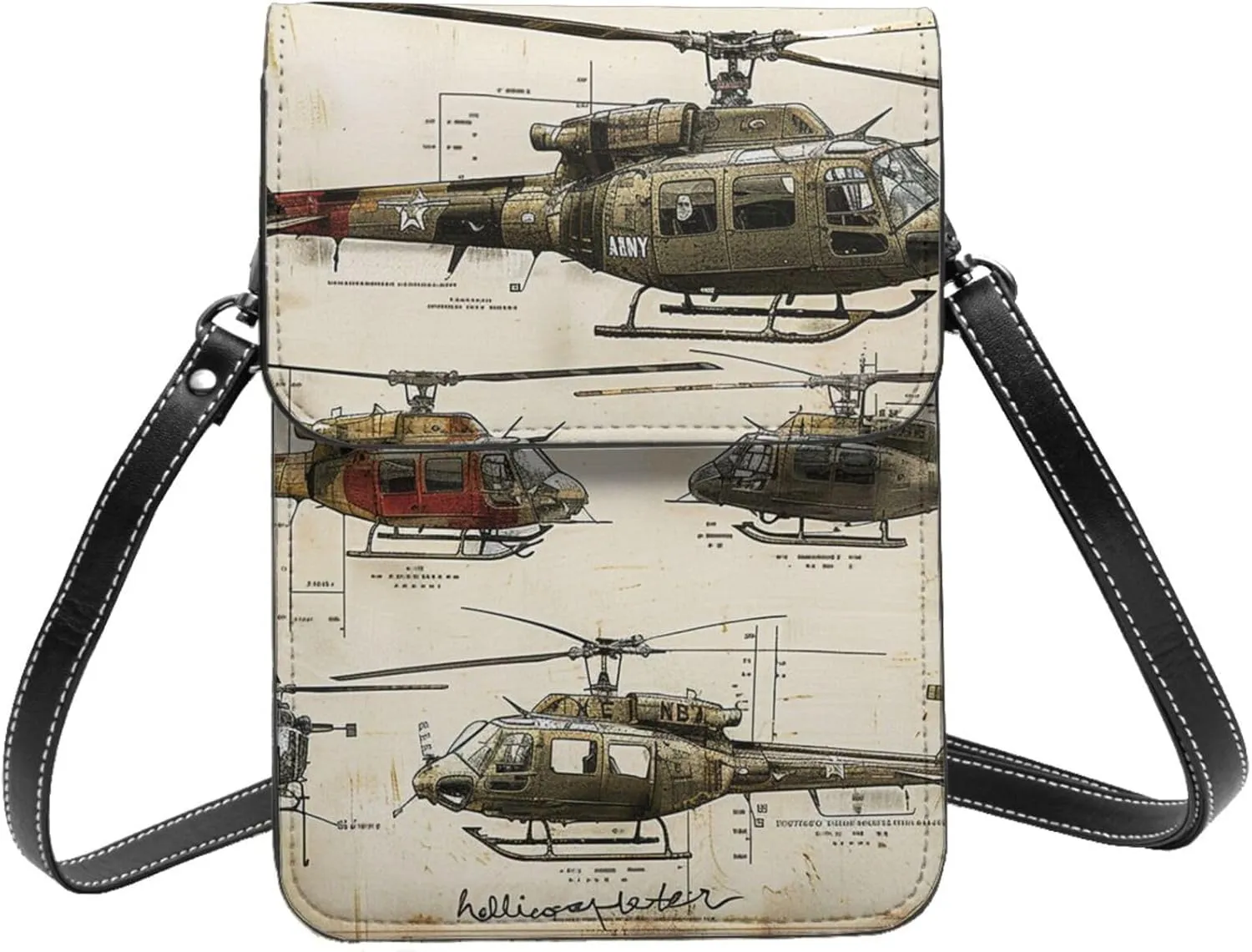 helicopters army aircraft military vintage Leather Small Crossbody Bags for Women Cell Phone Bag Wallet Purses with Adjustable Strap
