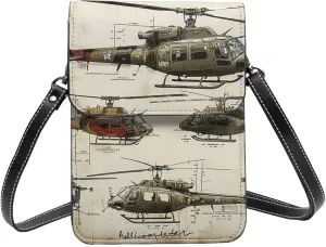 helicopters army aircraft military vintage Leather Small Crossbody Bags for Women Cell Phone Bag Wallet Purses with Adjustable Strap