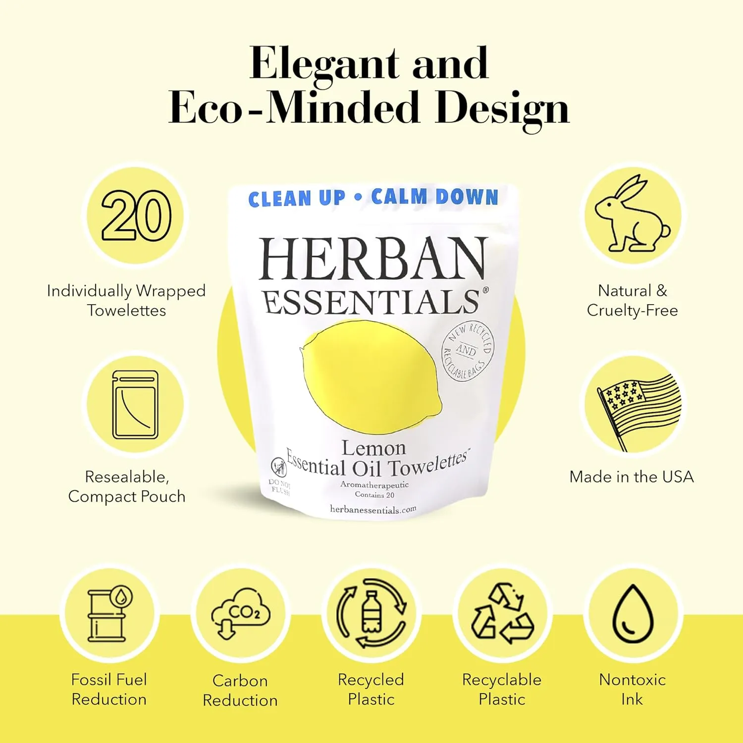 Herban Essentials - Lemon Wipes & Towelettes - Essential Oil Wipes for Make Up, Hands, Face & Body - Travel Size Essentials & Toiletries - Natural, Individually Wrapped, Disposable & Moist (20 count)