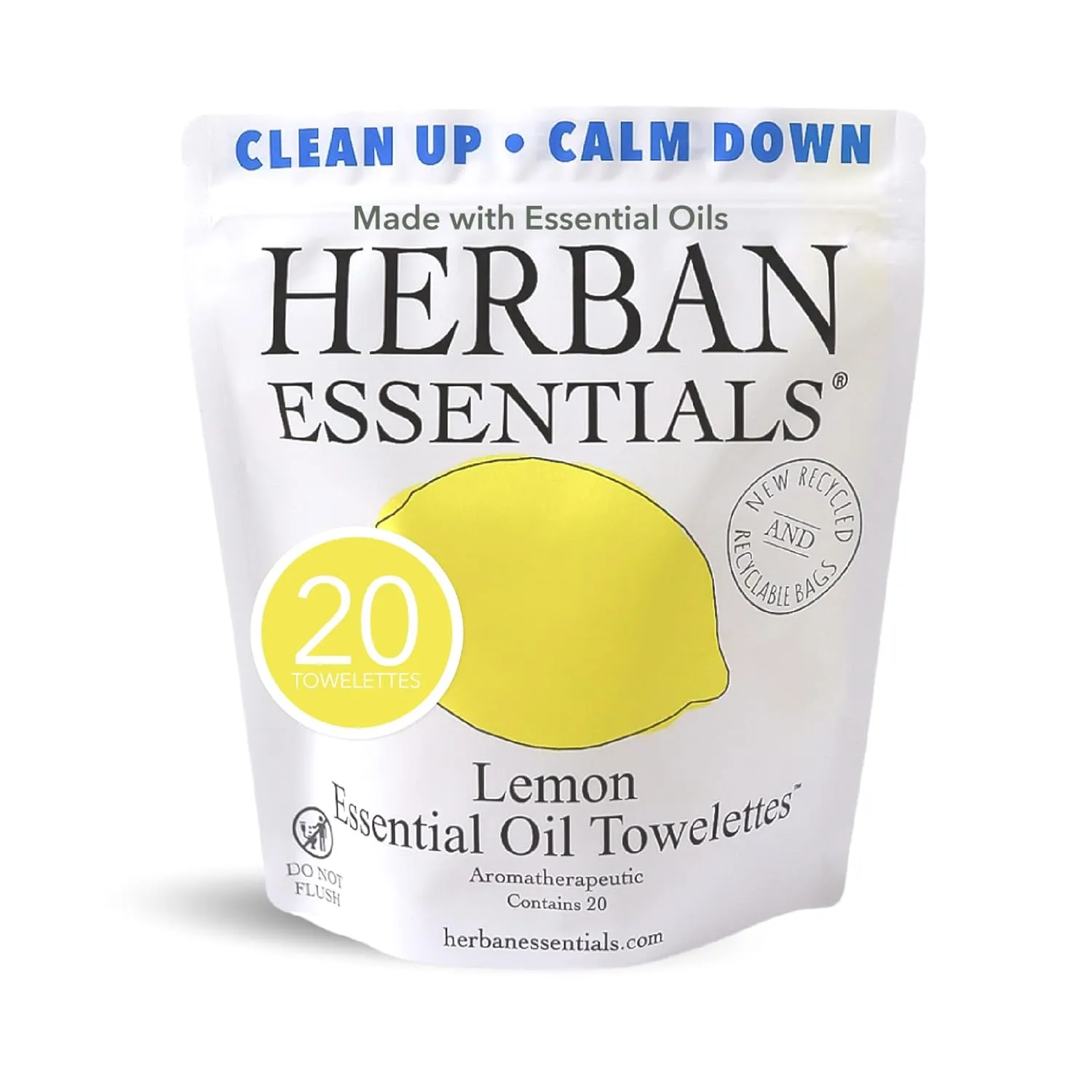 Herban Essentials - Lemon Wipes & Towelettes - Essential Oil Wipes for Make Up, Hands, Face & Body - Travel Size Essentials & Toiletries - Natural, Individually Wrapped, Disposable & Moist (20 count)