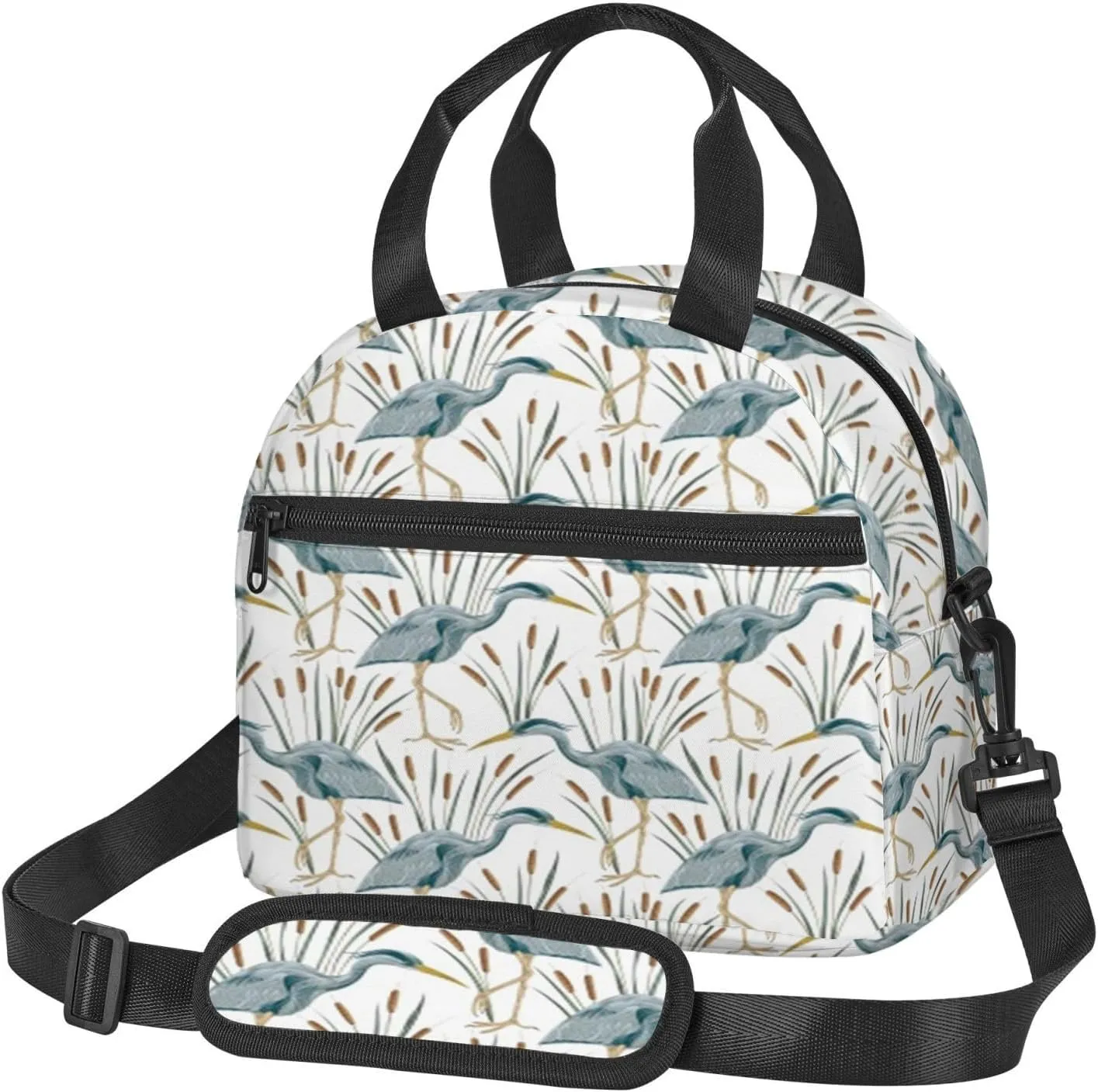 Heron Bird,Insulated Reusable Lunch Bag with Adjustable Shoulder Strap for Adults,Pattern with Heron Bird,Leakproof Office Picnic Hiking Beach Tote Bag,Gray Blue,9x5x7.8in