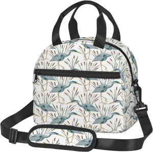 Heron Bird,Insulated Reusable Lunch Bag with Adjustable Shoulder Strap for Adults,Pattern with Heron Bird,Leakproof Office Picnic Hiking Beach Tote Bag,Gray Blue,9x5x7.8in