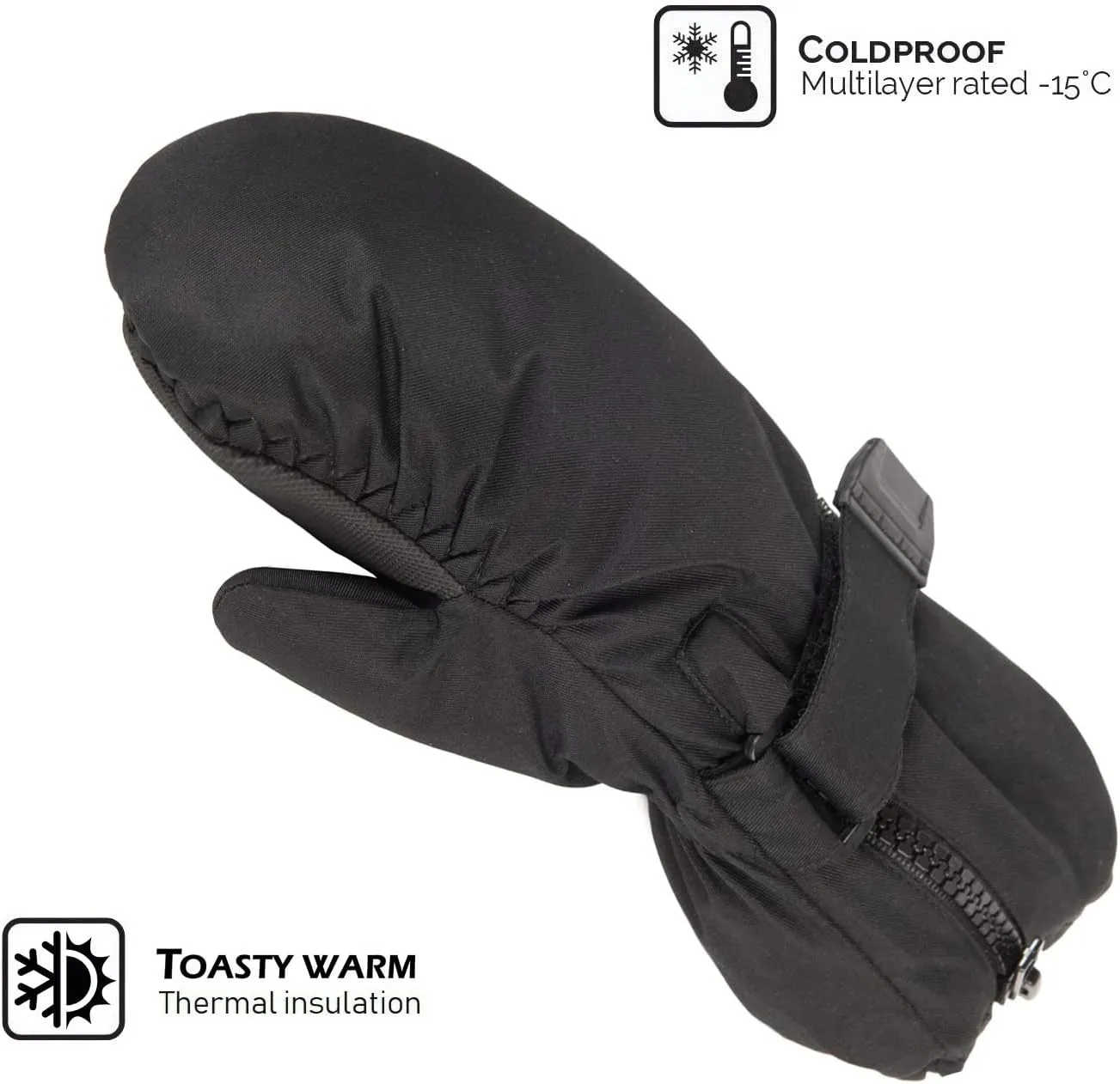 HIGHCAMP Kids Long Cuff Winter Snow Ski Mitten with Zipper Waterproof Gloves for Toddler Boys Girls