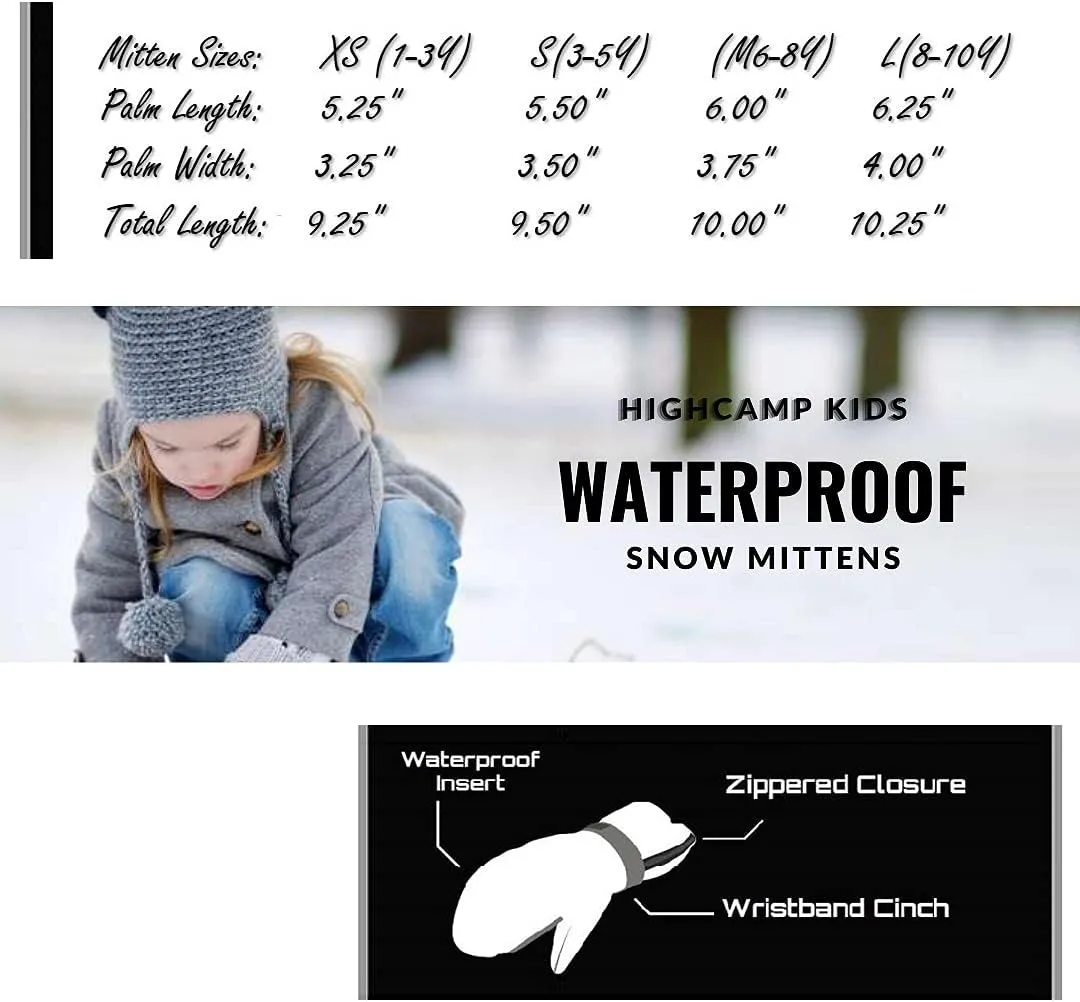 HIGHCAMP Kids Long Cuff Winter Snow Ski Mitten with Zipper Waterproof Gloves for Toddler Boys Girls